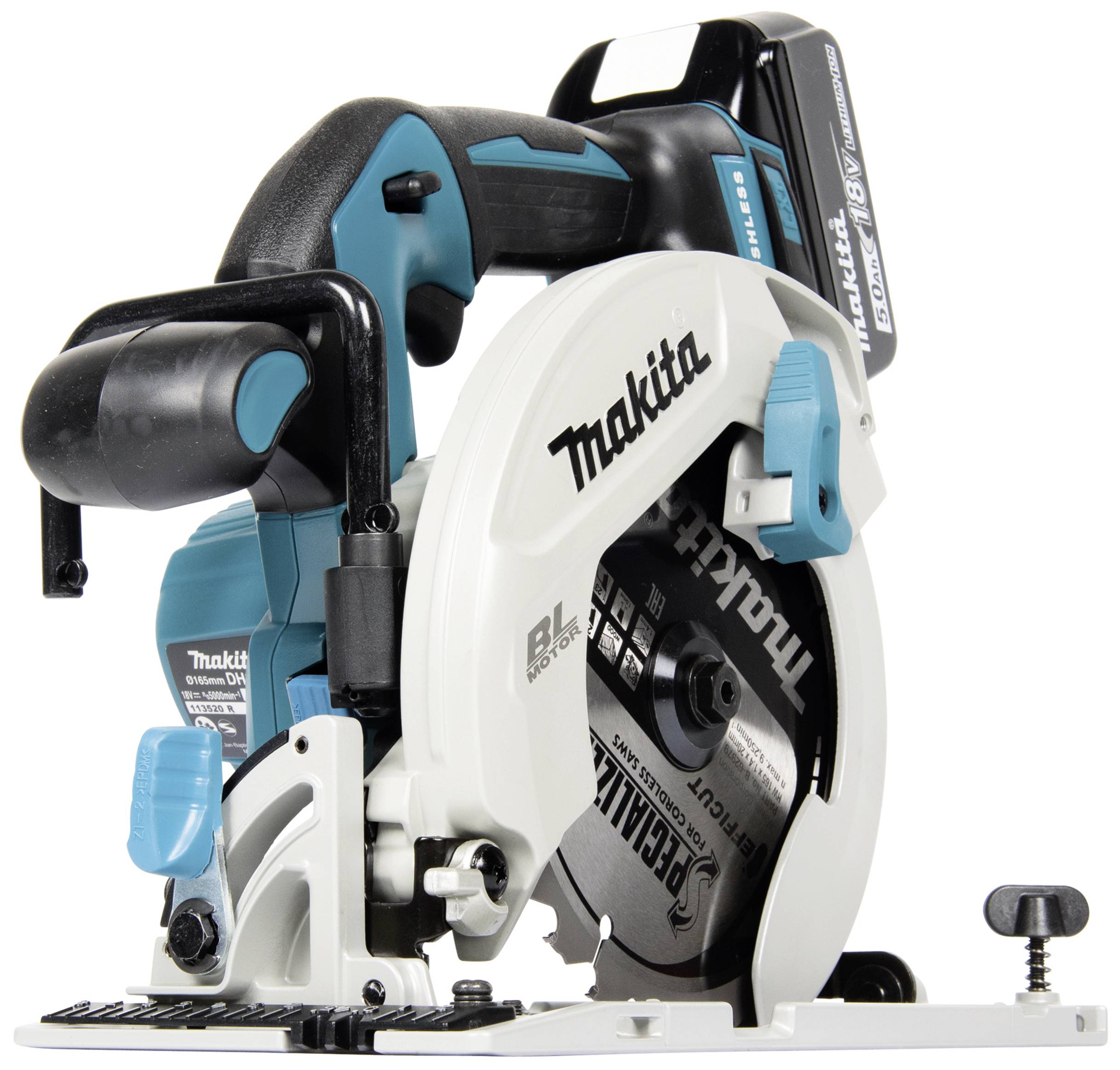 Kabellose Handkreissäge der Marke Makita. Blau-weißes Design mit schwarzem Griff und sichtbarem Sägeblatt.