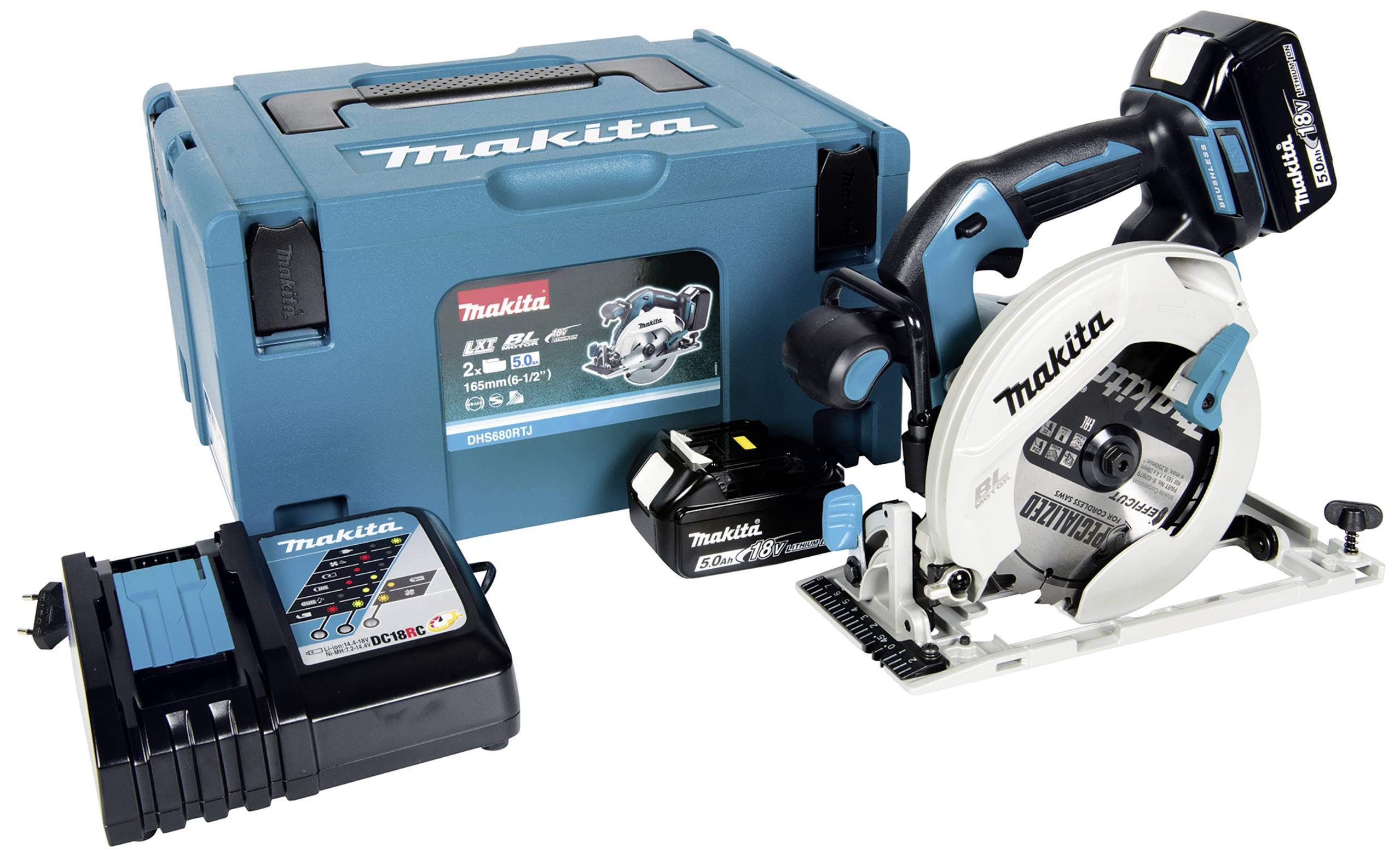 Akkubetriebene Handkreissäge von Makita mit Ladegerät und Transportkoffer, geeignet für präzises Sägen von Holz und anderen Materialien.