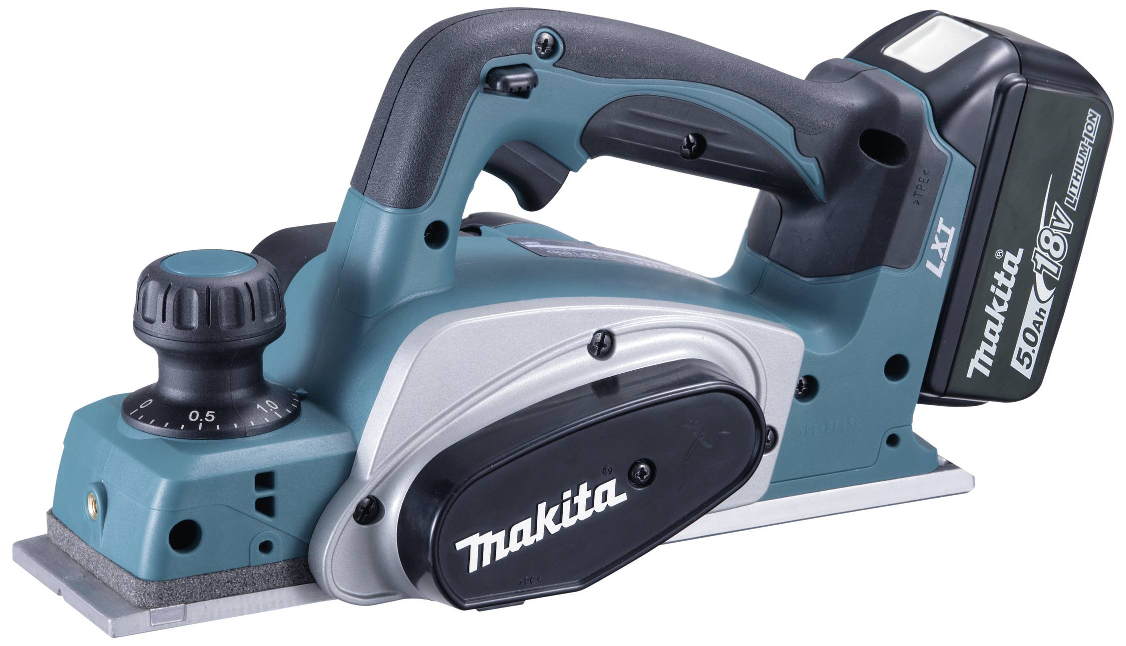 Ein blauer Elektrohobel mit Akkuantrieb. Die Marke 'Makita' ist auf der Vorderseite und dem Akku sichtbar.