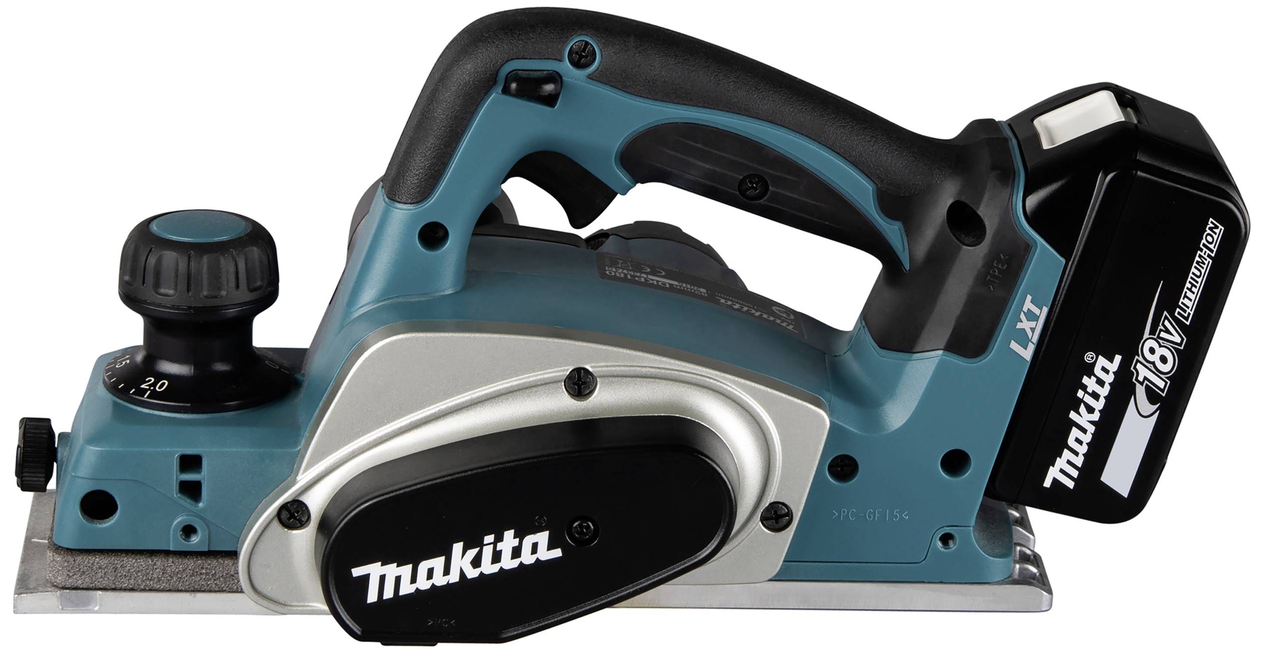 Ein elektrischer Handhobel mit Akku von Makita, Modell 18V LXT, in blauer Farbe.