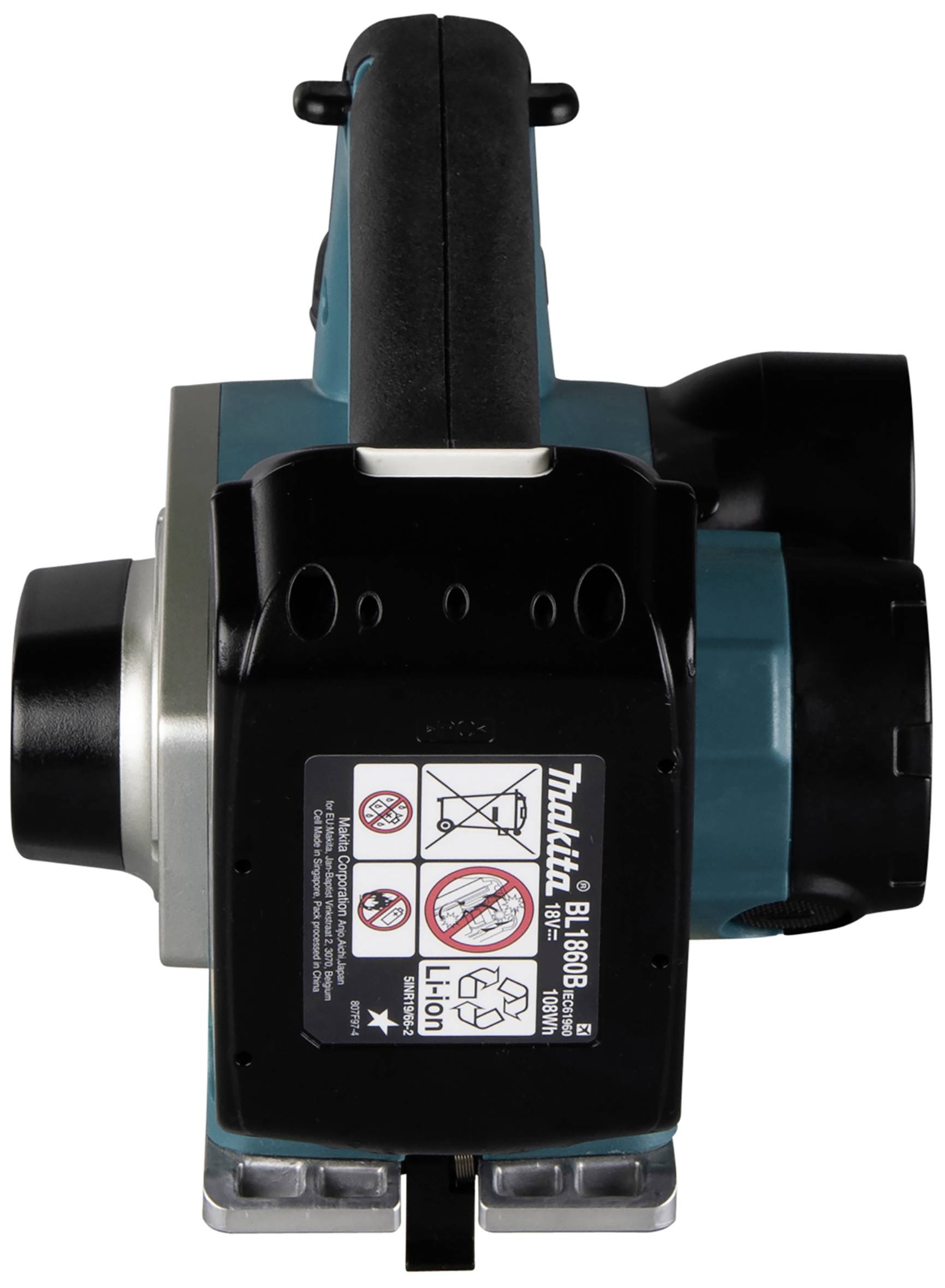 Elektronischer Hobel von Makita, Ansicht von vorne mit sichtbarem Informationsetikett.