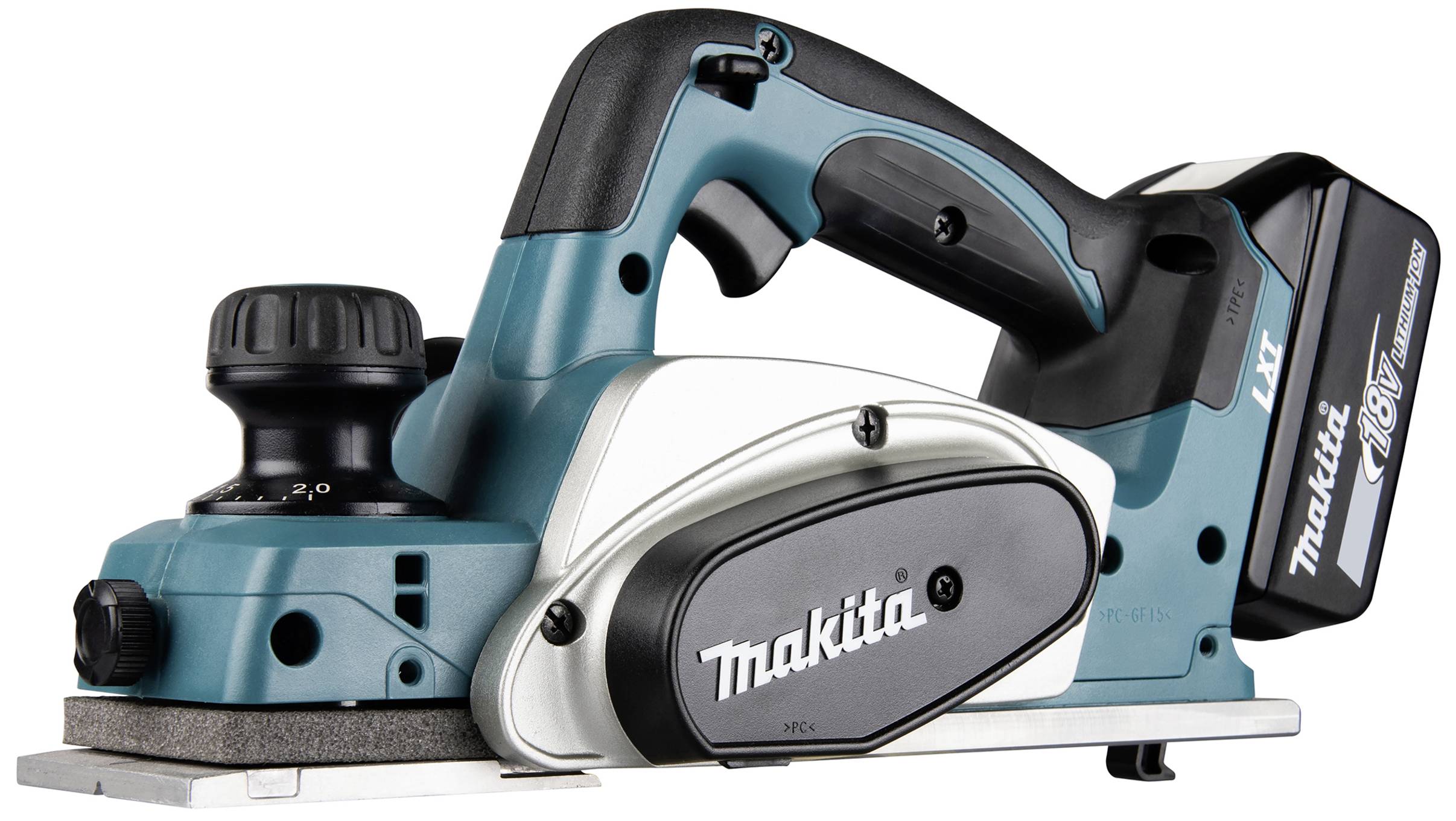 Elektrischer Handhobel, Modell in türkis und schwarz, Akkubetrieb, Marke Makita.