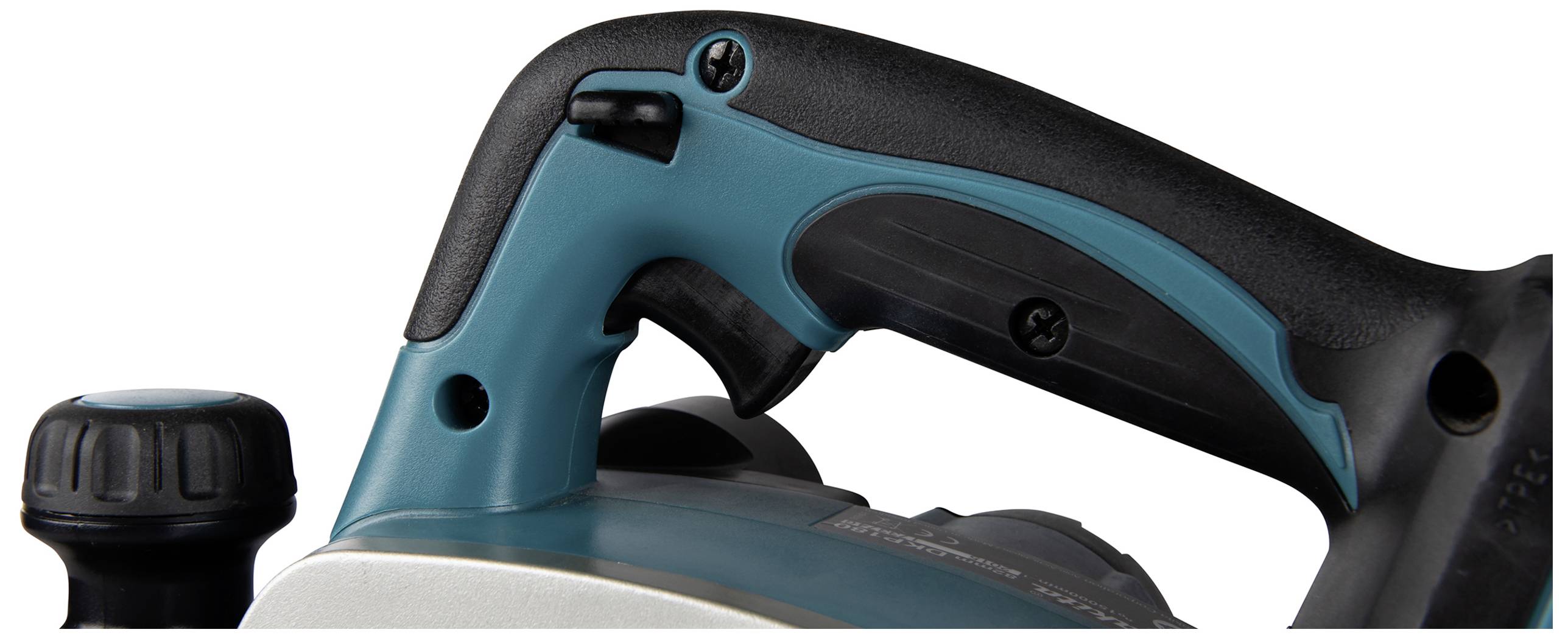Nahaufnahme eines elektrischen Handgriffs einer blauen Maschine mit schwarzem Griff und Befestigungsschrauben.