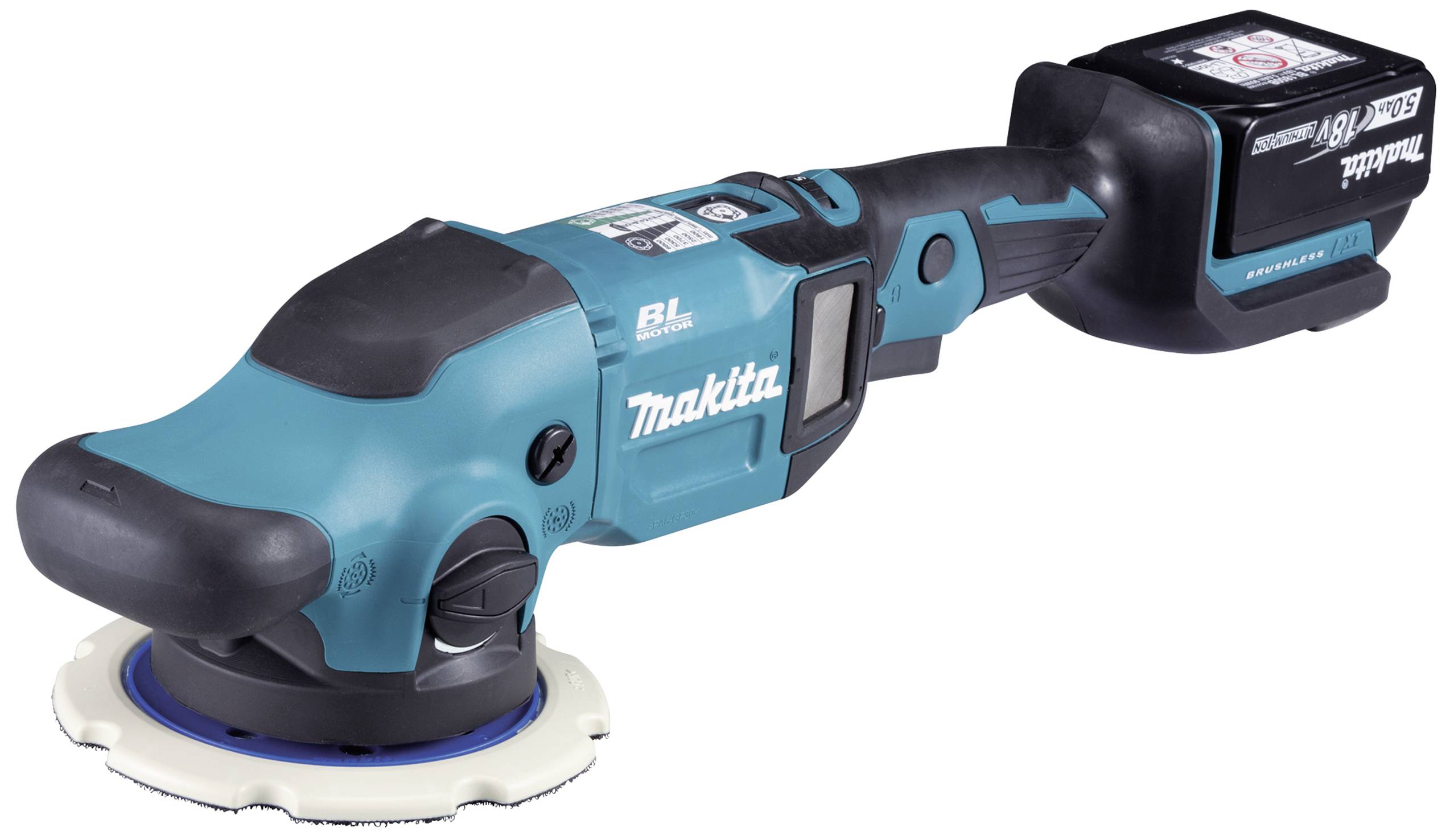 Akkupoliermaschine mit blauem Gehäuse von Makita, auf einem weißen Hintergrund.