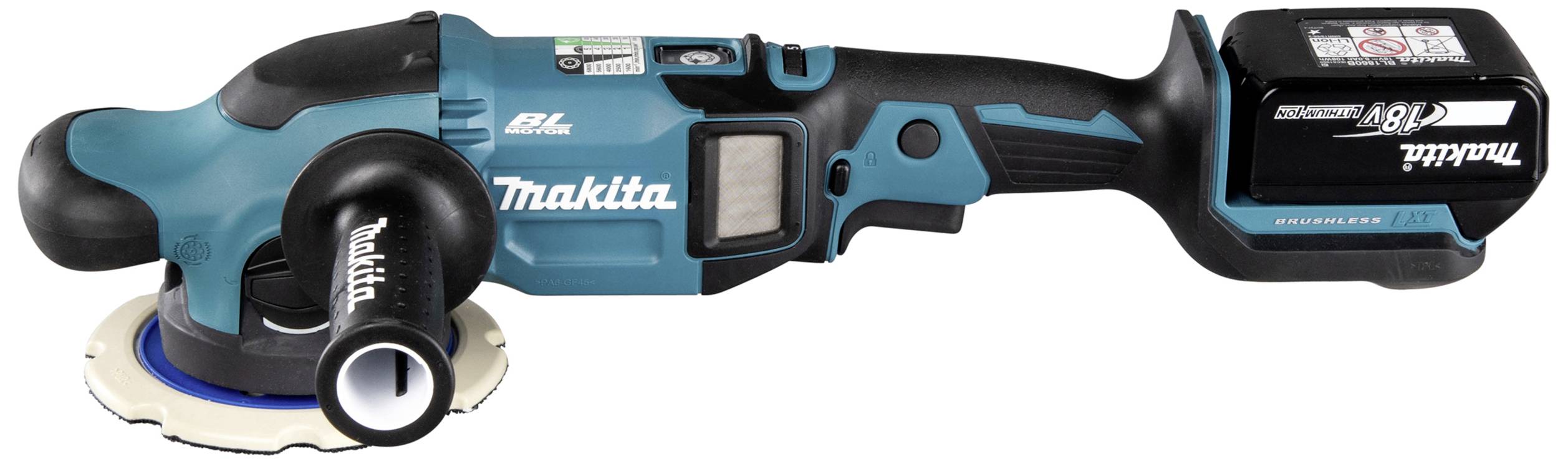 Akkubetriebene, handgehaltene Schleifmaschine in blau, schwarz und weiß. Markennamen und technische Details auf der Maschine sichtbar.