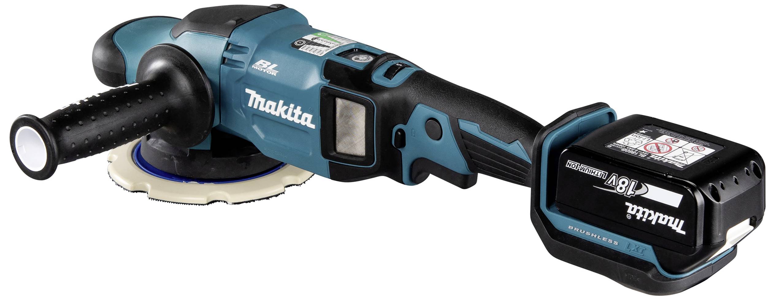 Ein kabelloser, blauer Winkelschleifer mit schwarzem Handgriff und eingesetztem Akku von Makita.