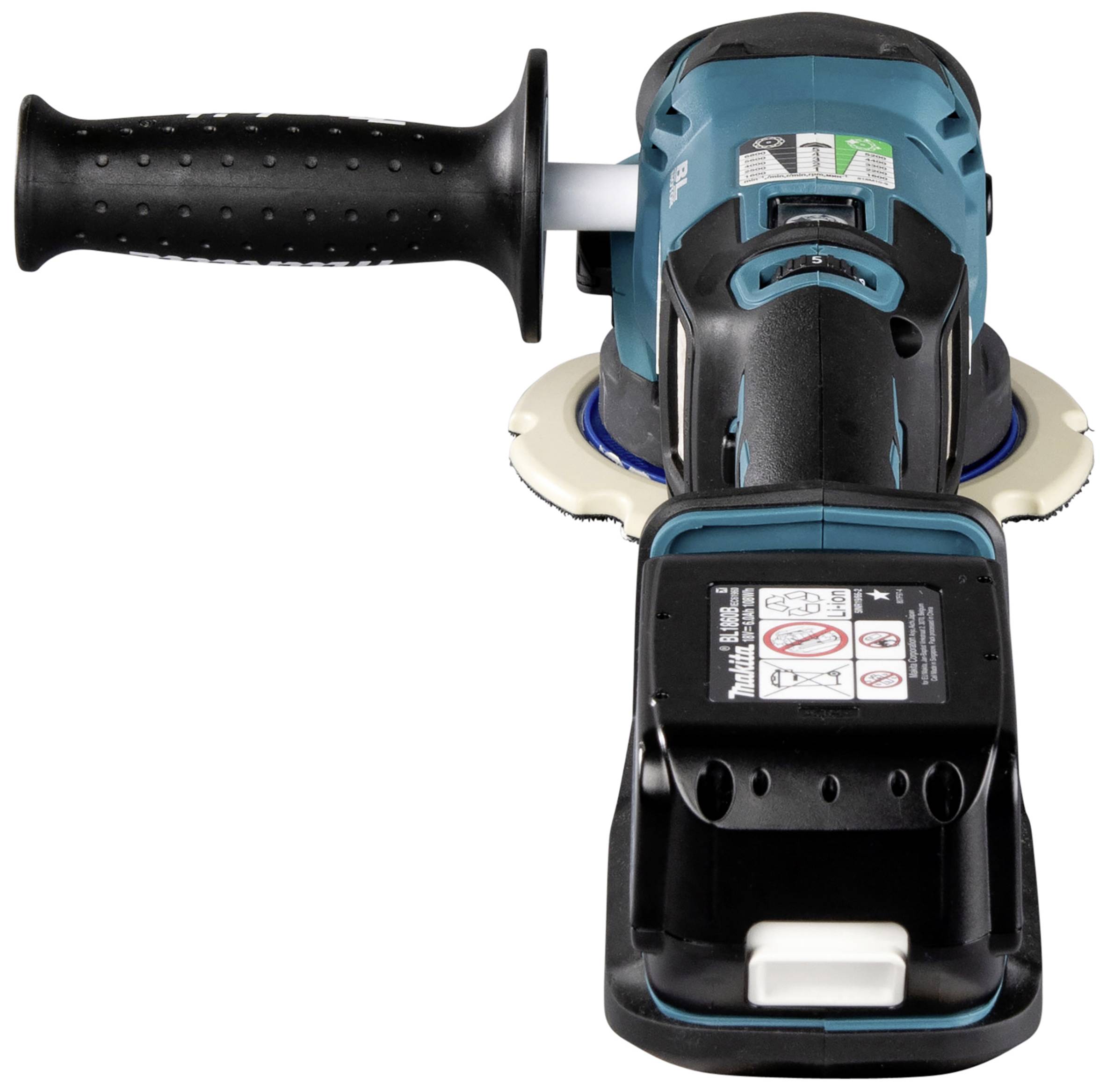 Eine elektrische Schleifmaschine in Blau und Schwarz mit Griff und Warnetikett auf der Oberseite, fotografiert von vorne.