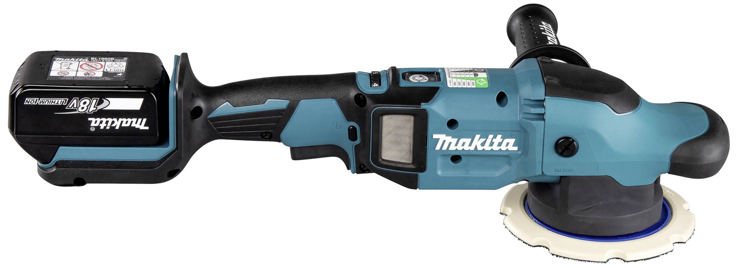 Kabellose Poliermaschine von Makita, blau und schwarz, mit Akku-Einheit. Verwendet zum Polieren von Oberflächen.