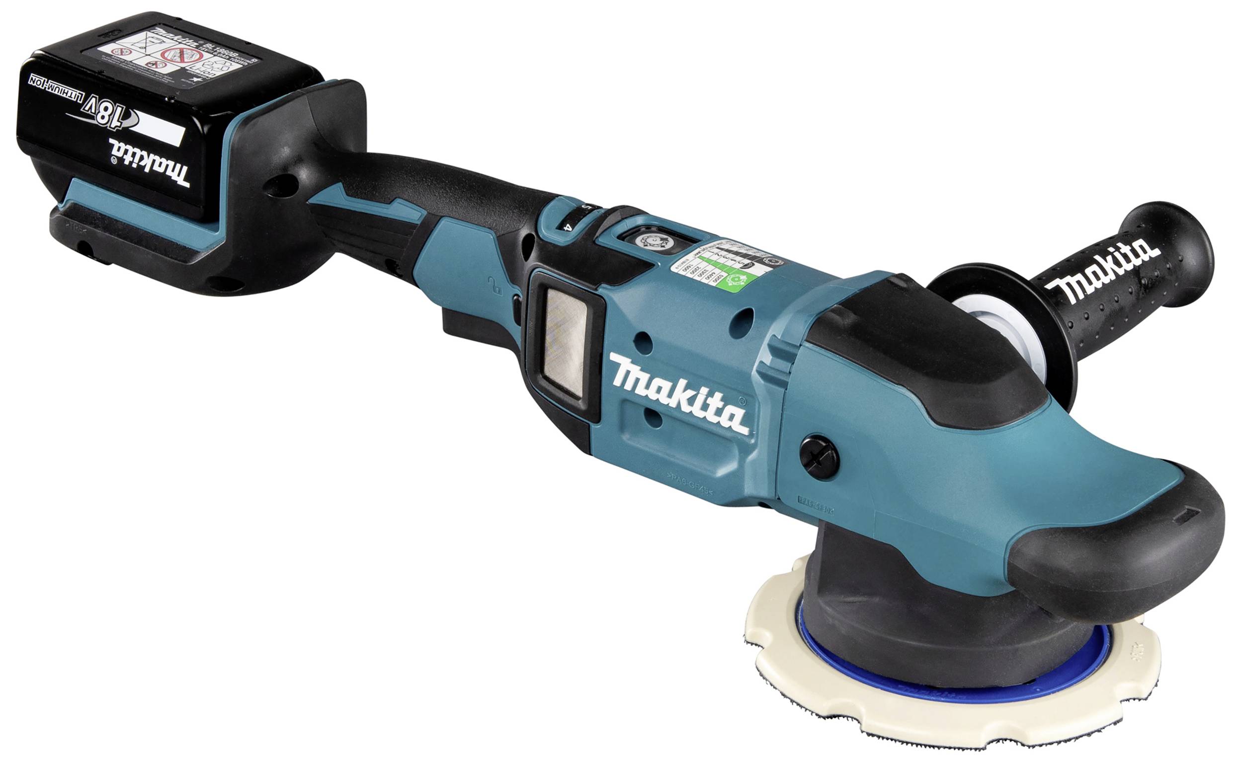 Akkubetriebene, blaue Poliermaschine mit ergonomischem Griff und Makita-Logo.