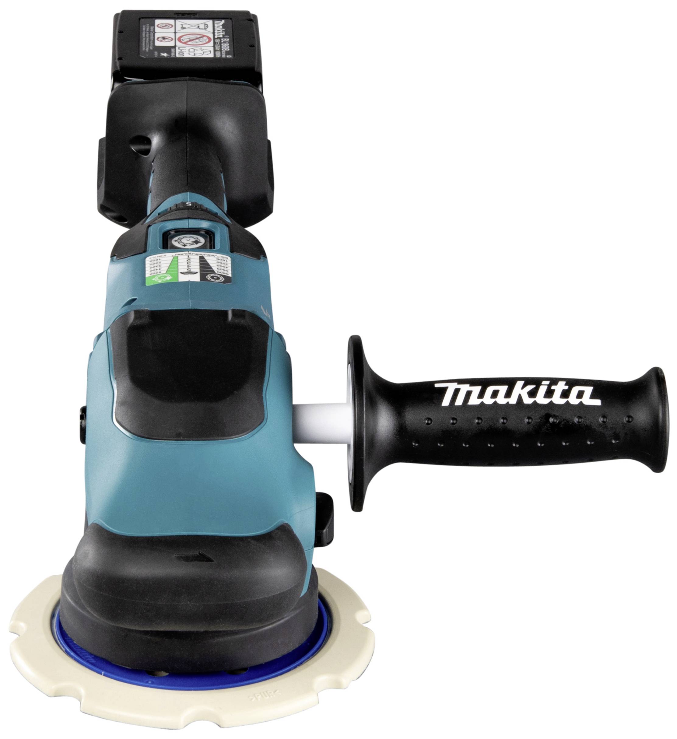 Elektrowerkzeug Poliermaschine in Blau mit ergonomischem Griff und Aufsatz.