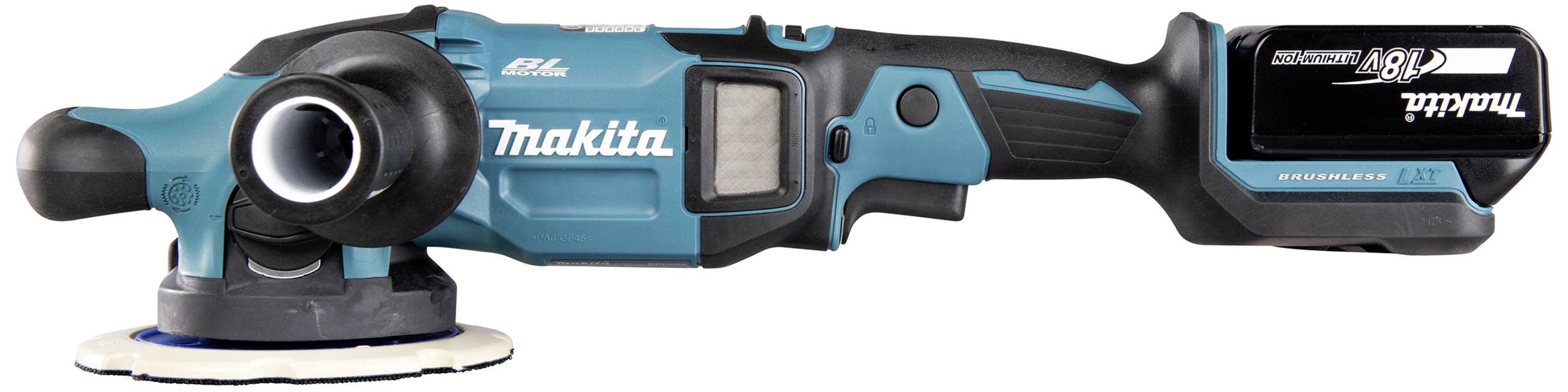 Akku-Poliermaschine, blau-schwarz, Marke Makita, rechte Seitenansicht. Kunststoffkorpus mit weichem Griff. Akku hinten angebracht.
