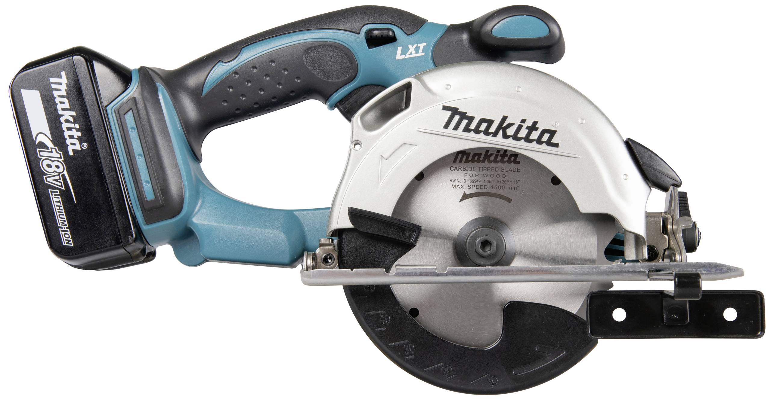 Akku-Handkreissäge von Makita mit blau-schwarzem Griff, 18V Lithium-Ionen-Akku, geeignet für präzise Holzschnitte.