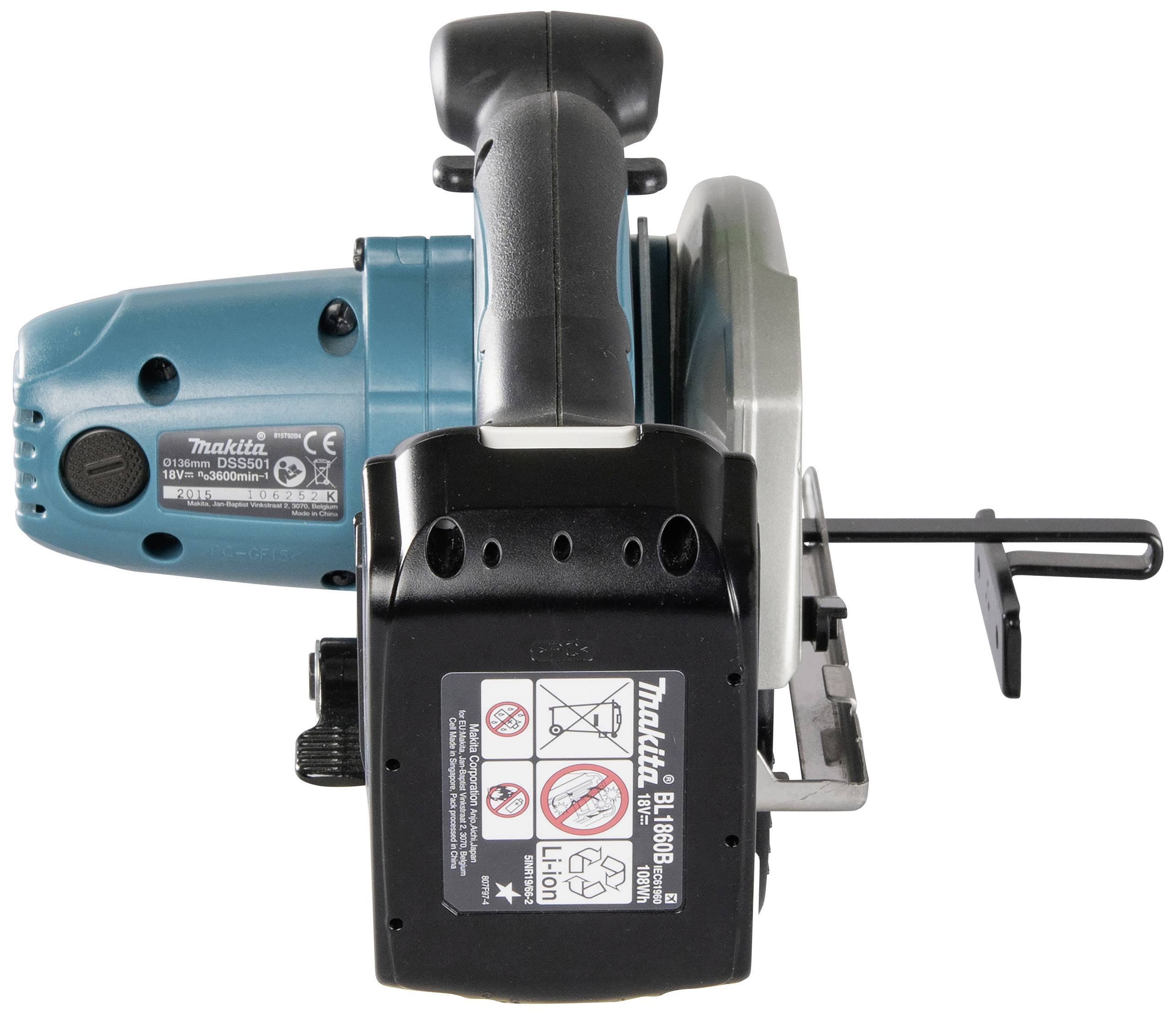 Akku-Handkreissäge von Makita, Modellnummer DH3630J, in horizontaler Ansicht. Gerät zeigt Sicherheitswarnhinweise auf der Unterseite.