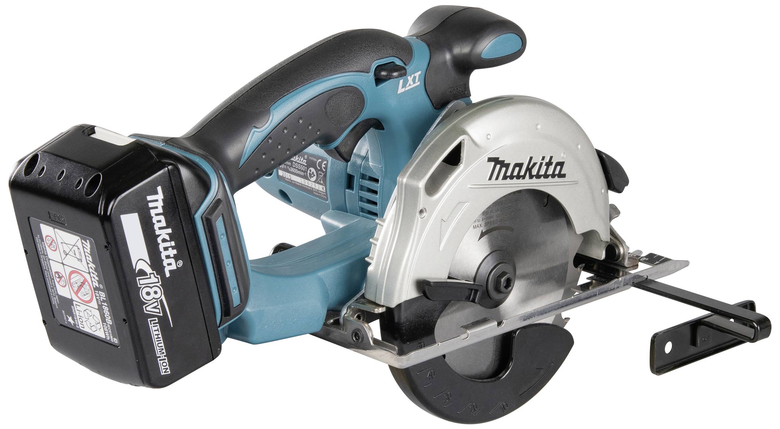 Kabellose Handkreissäge von Makita, Modell LXT, mit 18V-Akku. Geeignet für präzise Holzschnitte.