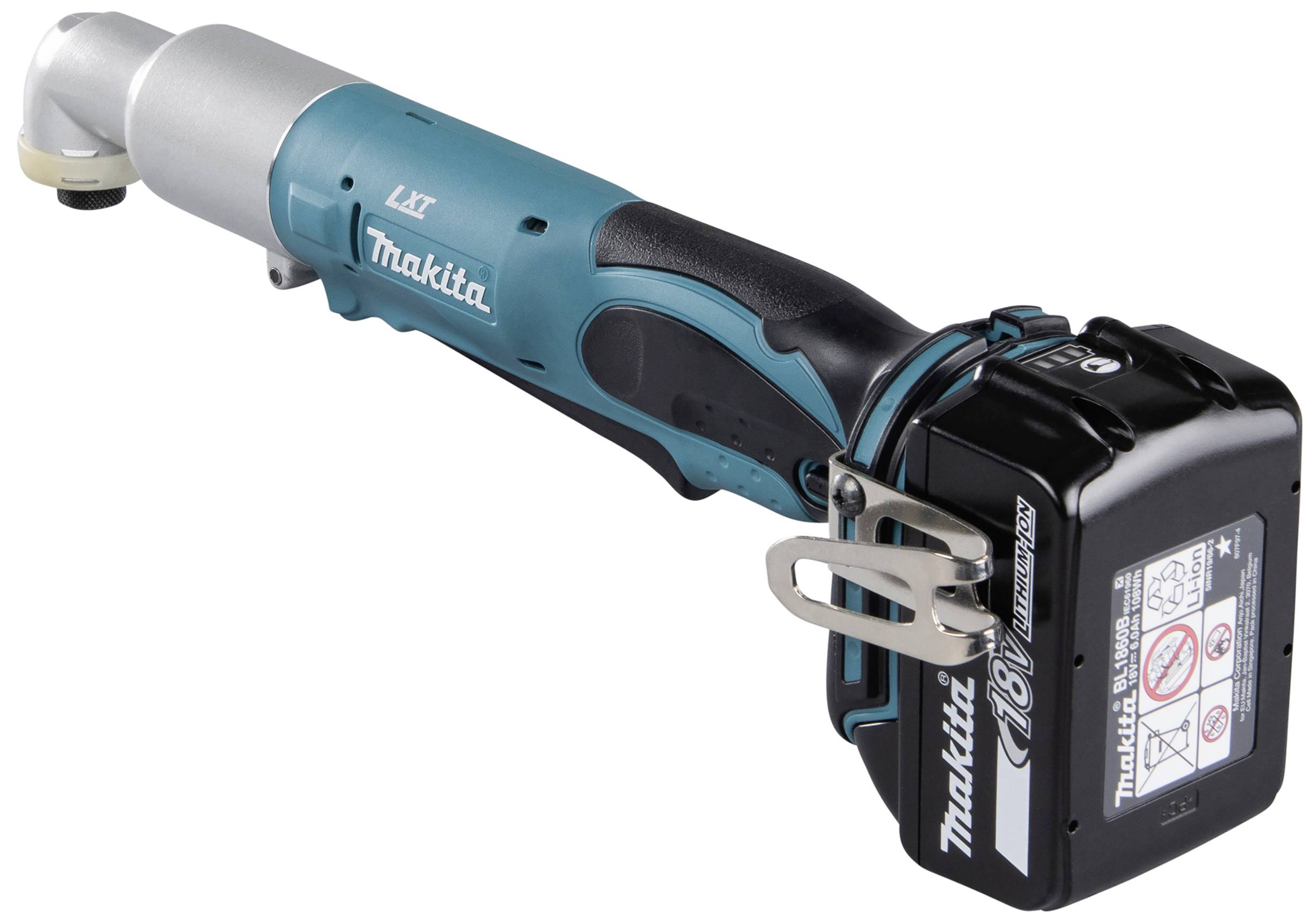 Ein akkubetriebener Winkelschlagschrauber von Makita, Modell LXT. Er ist kabellos mit einer 18V Batterie versehen.