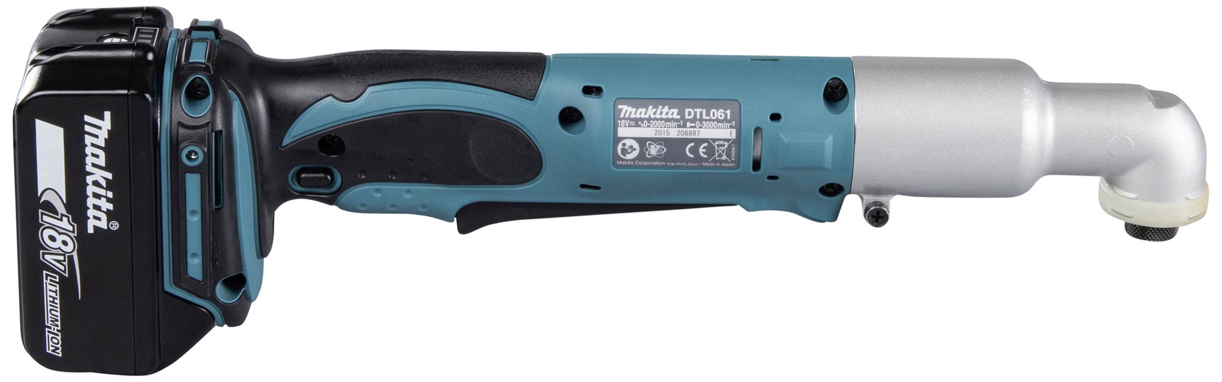 Ein blau-schwarzer Akku-Ratschenschrauber von Makita mit silbernem Kopf und 18V Batterie, zur Verwendung in engen Bereichen.