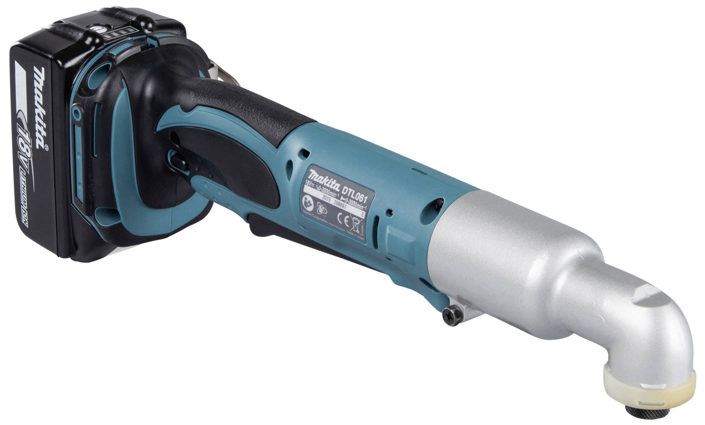 Kabelloser Winkelschleifer von Makita, Modellnummer: DTL061RFE. Er verfügt über einen ergonomischen Griff und ein Batteriefach.
