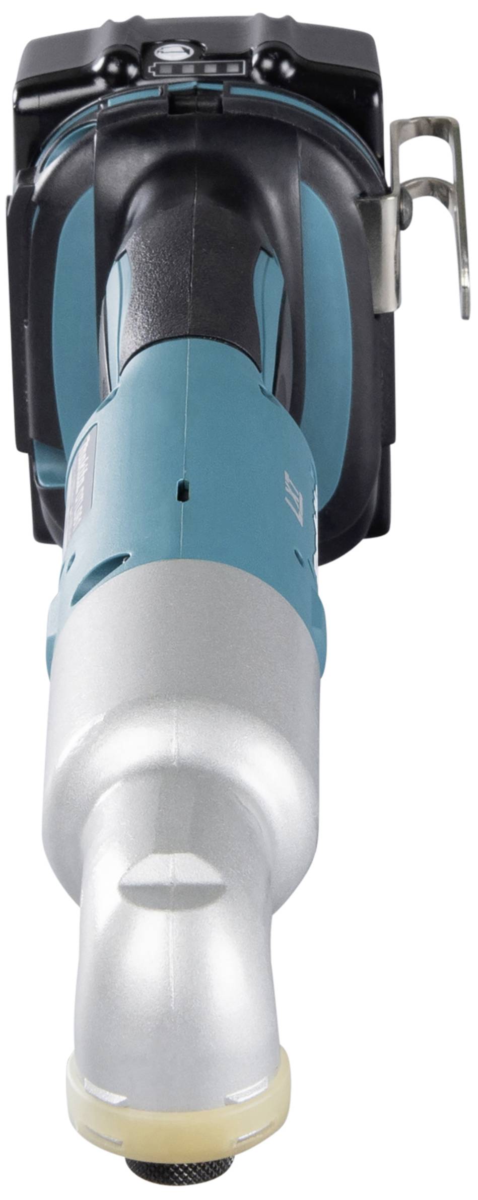Akku-Schlagschrauber in Nahaufnahme, metallic-blau, mit ergonomischem Griff und LED-Anzeige, geeignet für Schraubarbeiten.