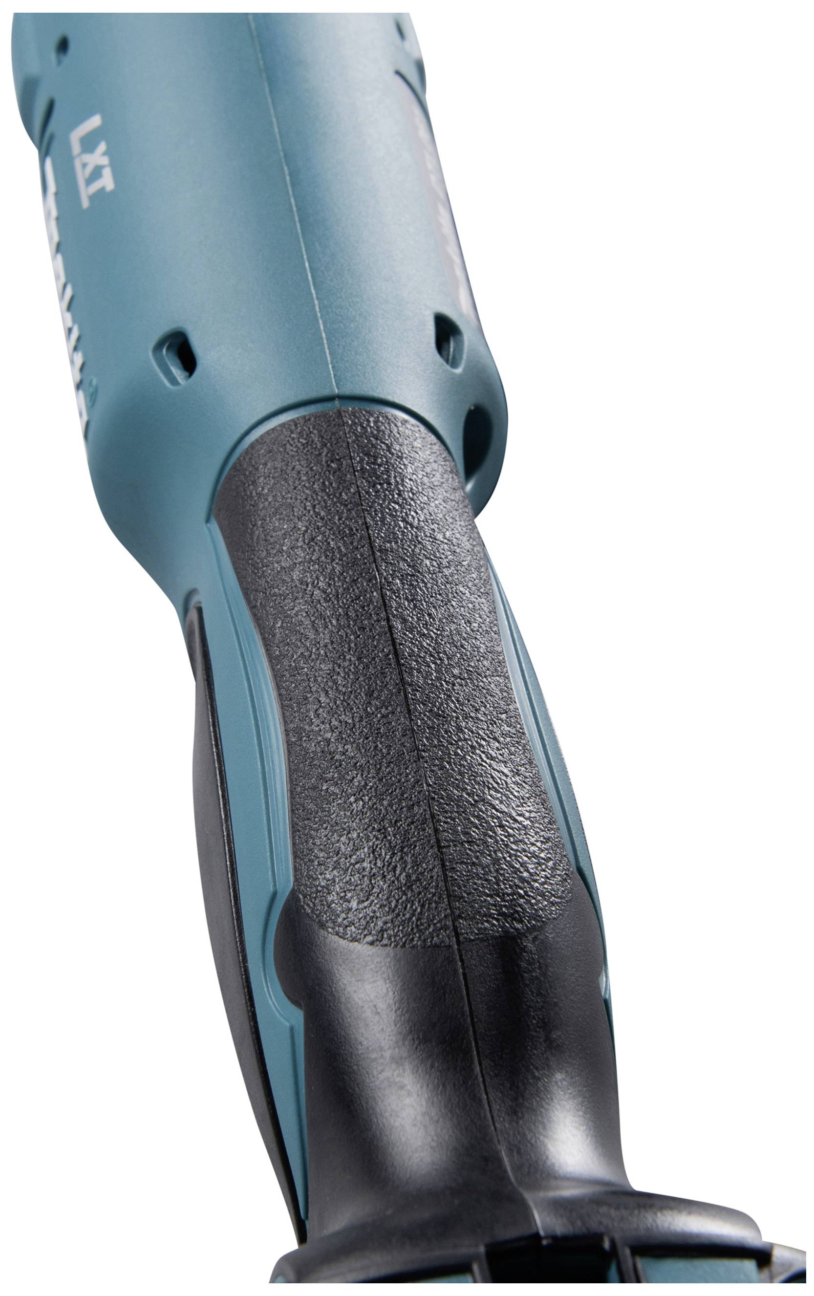 Eine Nahaufnahme einer blauen, kabellosen Elektrowerkzeug-Griff. Der Griff ist ergonomisch gestaltet und hat eine schwarze Gummibeschichtung für besseren Halt.