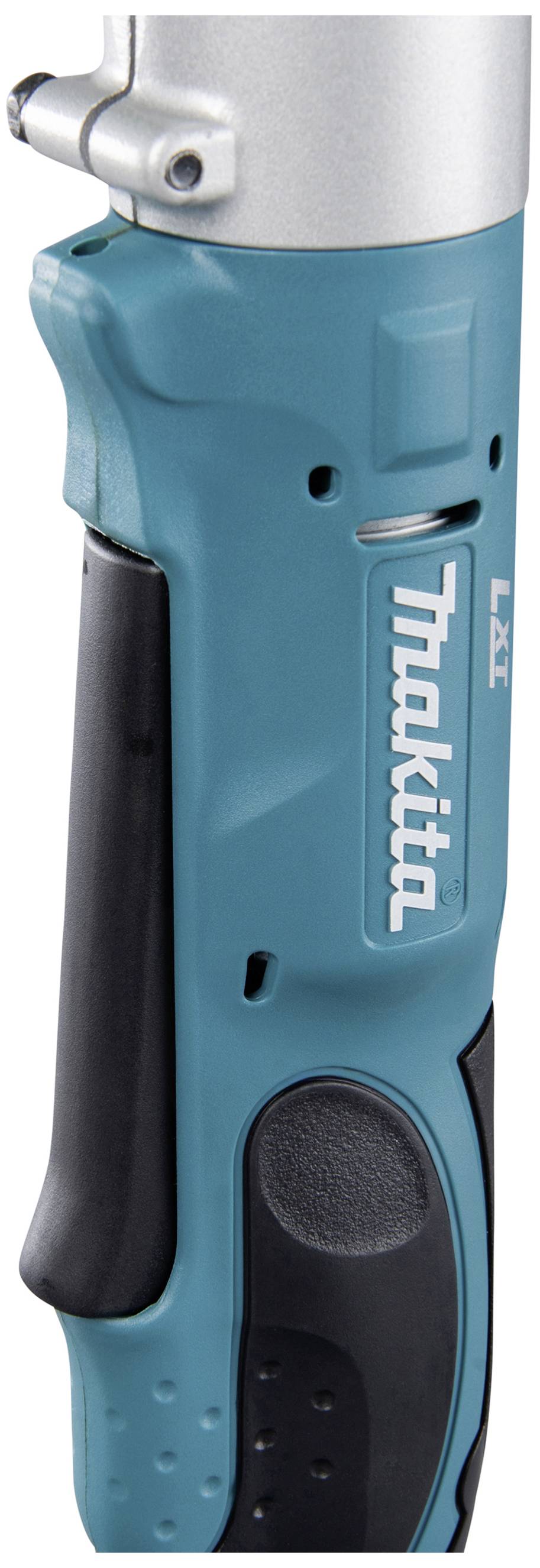 Ausschnitt eines blauen elektrischen Werkzeugs mit grauem Metallkopf und schwarzem Griff, Markenname 'Makita' sichtbar.