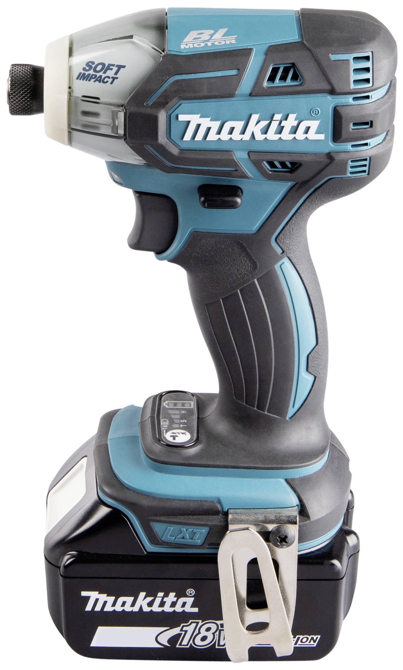 Akkuschrauber von Makita mit blau-schwarzem Gehäuse, 18V-Batterie und „Soft Impact“-Technologie für sanftere Schraubvorgänge.