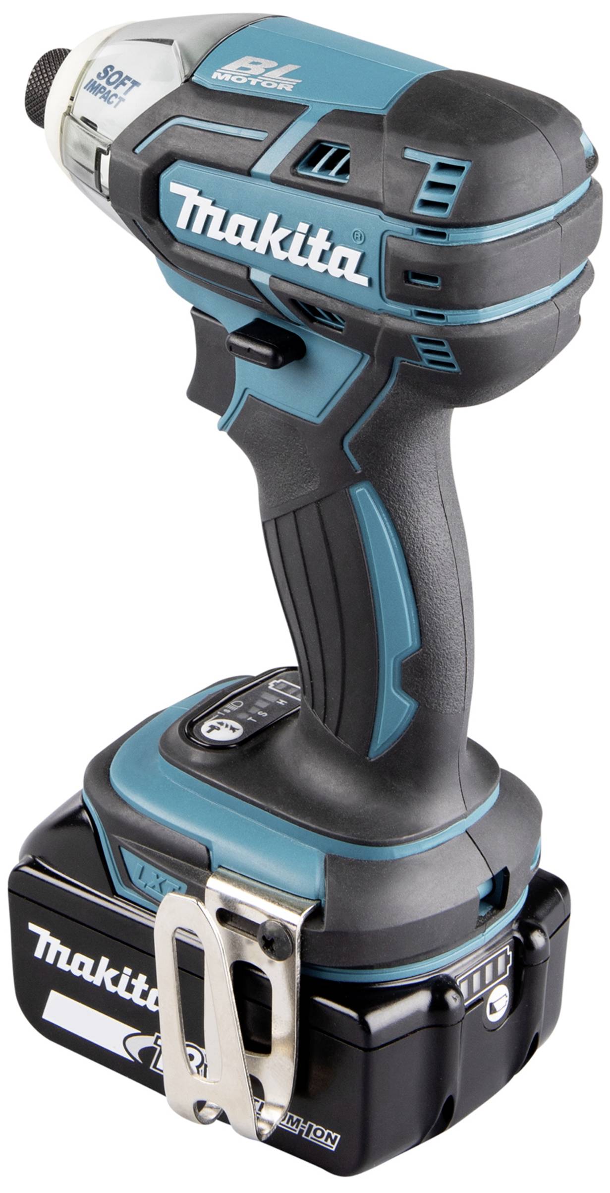 Akkuschrauber von Makita mit ergonomischem Griff, blauer und schwarzer Hülle und einem starken Akku darunter.