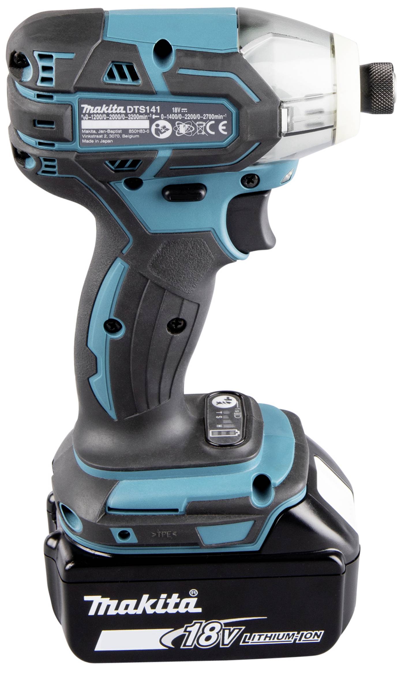 Kabelloser blauer Akkuschlagschrauber der Marke Makita mit 18V Lithium-Ionen-Akku, seitliche Ansicht.