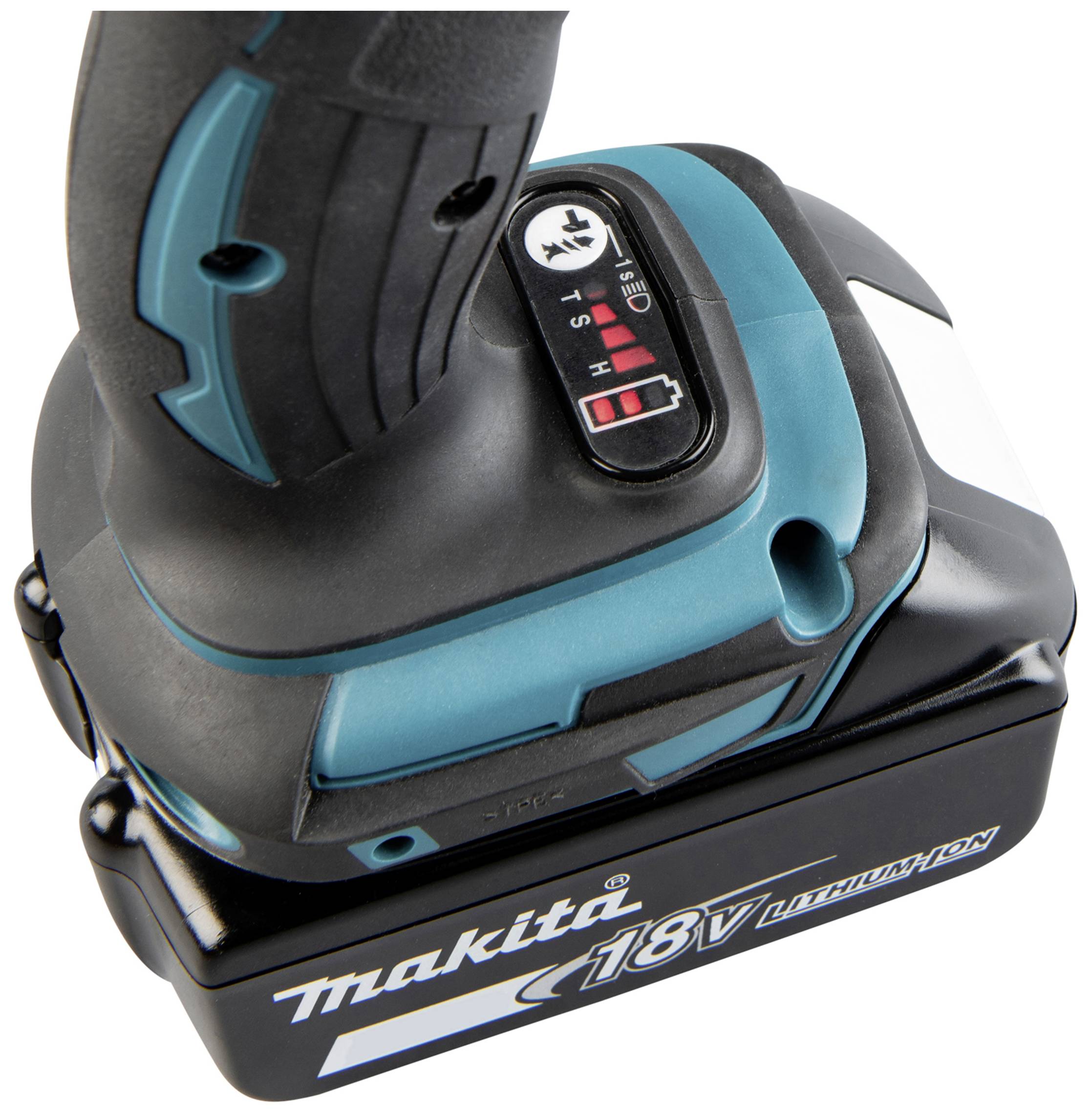Akkubohrmaschine mit schwarzem und blauem Gehäuse und Makita-Logo auf 18V Lithium-Ionen-Akku.