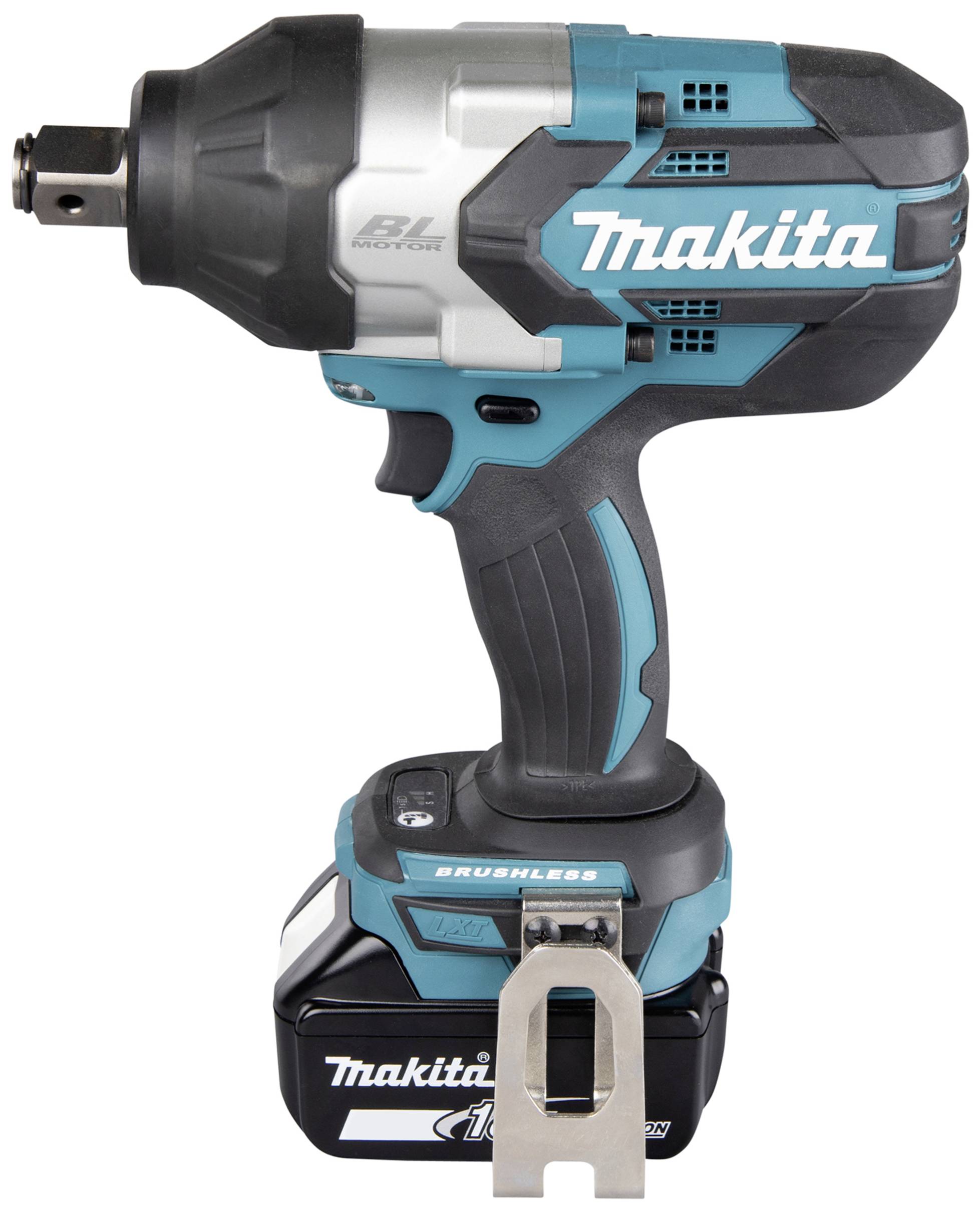 Ein kabelloser Schlagschrauber von Makita mit bürstenlosem Motor, blau-schwarzes Gehäuse und einem Akku am unteren Ende.