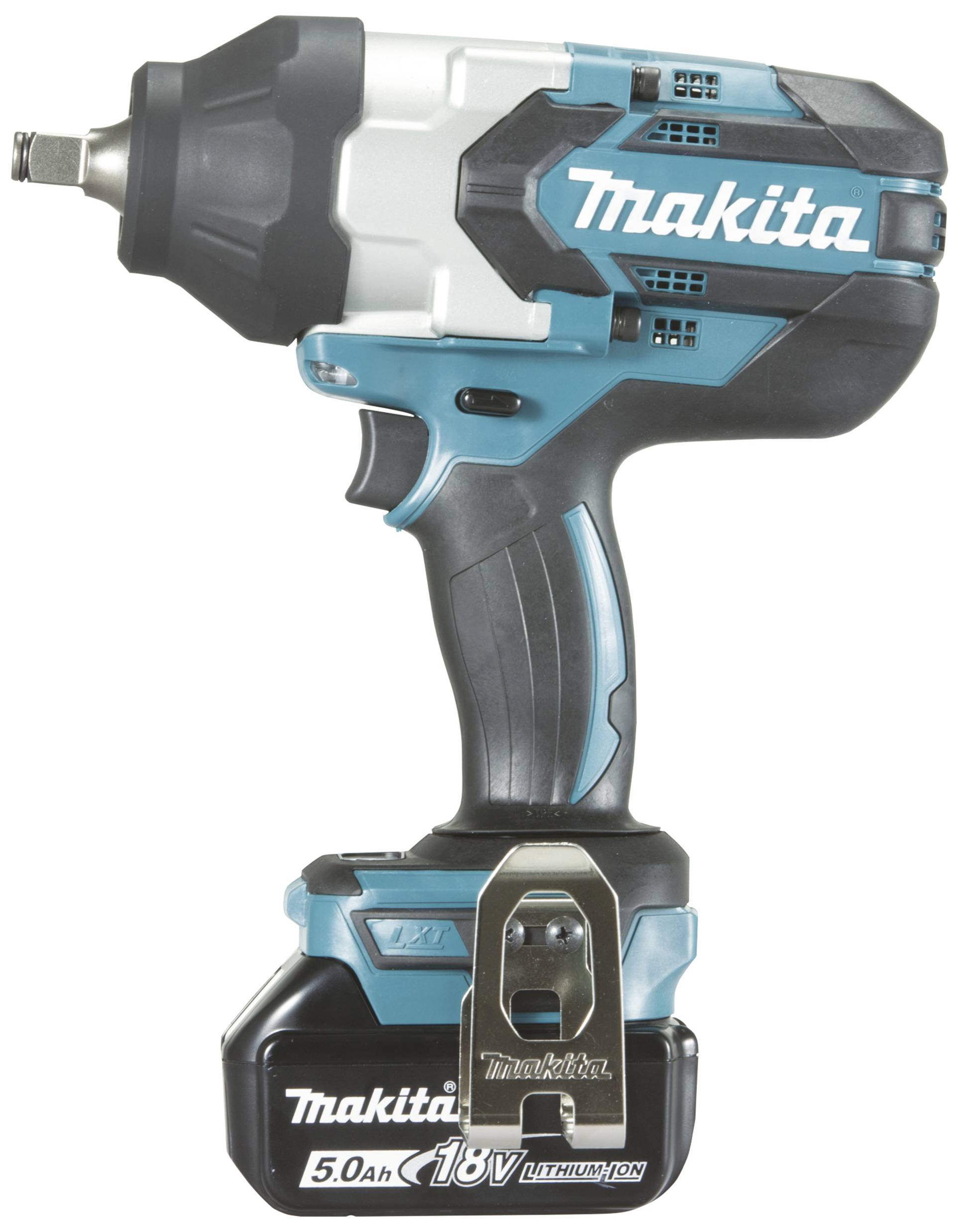 Ein elektrischer Schlagschrauber der Marke Makita, blau-schwarz, wird mit einem 18V Lithium-Ionen-Akku betrieben.
