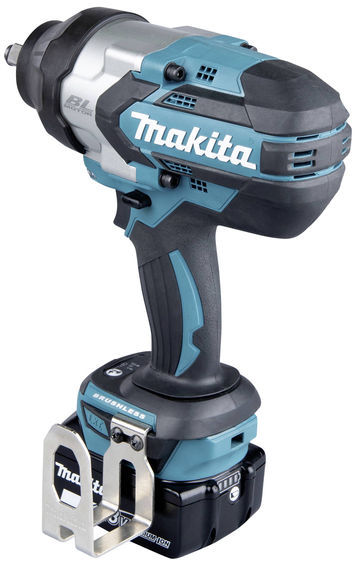 Ein blauer, kabelloser Makita-Schlagschrauber mit Akku und Metallhaken, geeignet für Bau- und Werkzeuganwendungen.