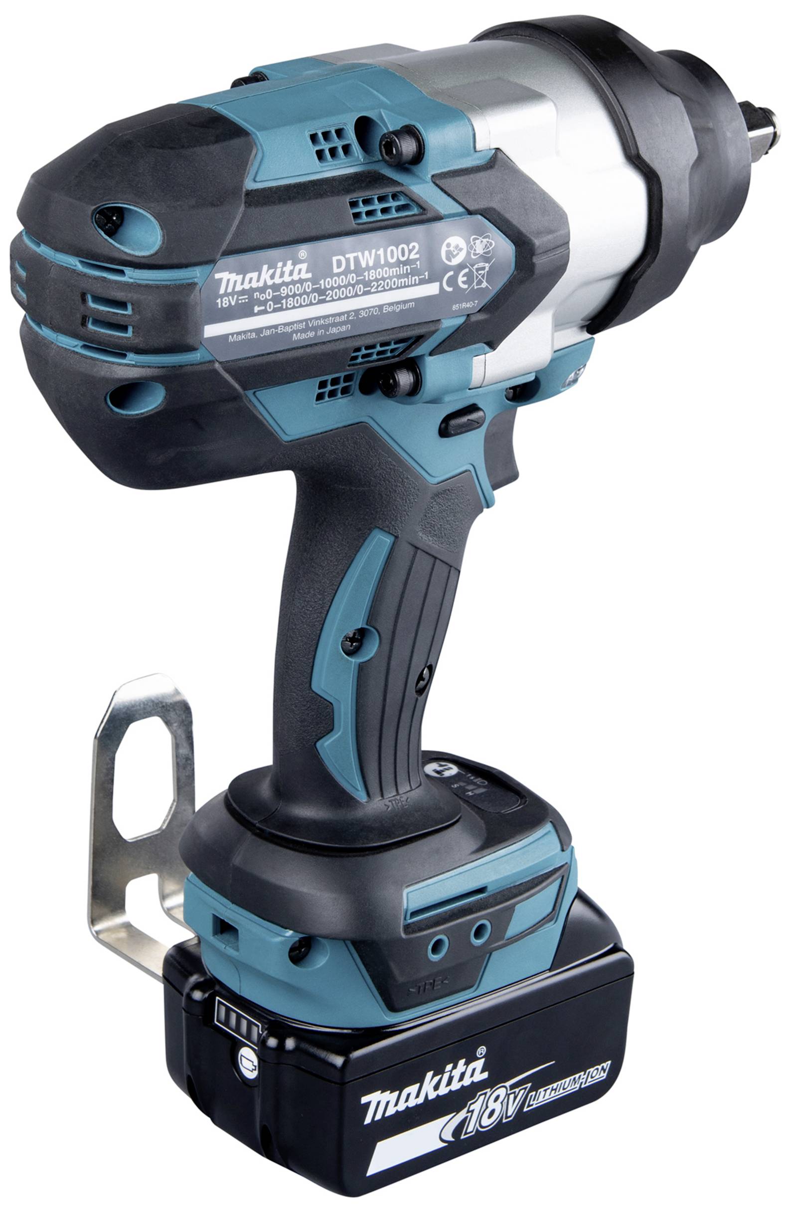 Kabelloser Makita Schlagschrauber mit 18V Akku, hauptsächlich schwarz und türkis, geeignet für schwere Heimwerkerprojekte.