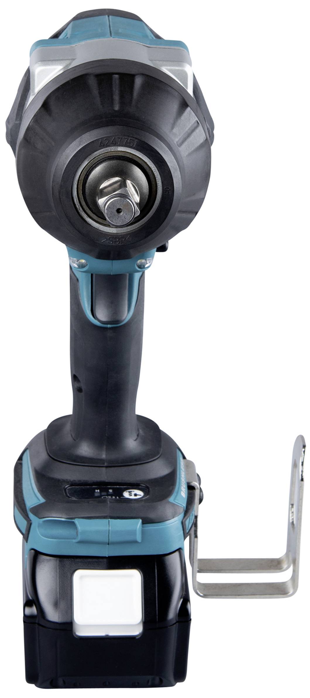 Ein kabelloser Akkuschrauber in blauer und schwarzer Farbe, frontal abgebildet. Gerät hat einen ergonomischen Griff und Metallhalterung.