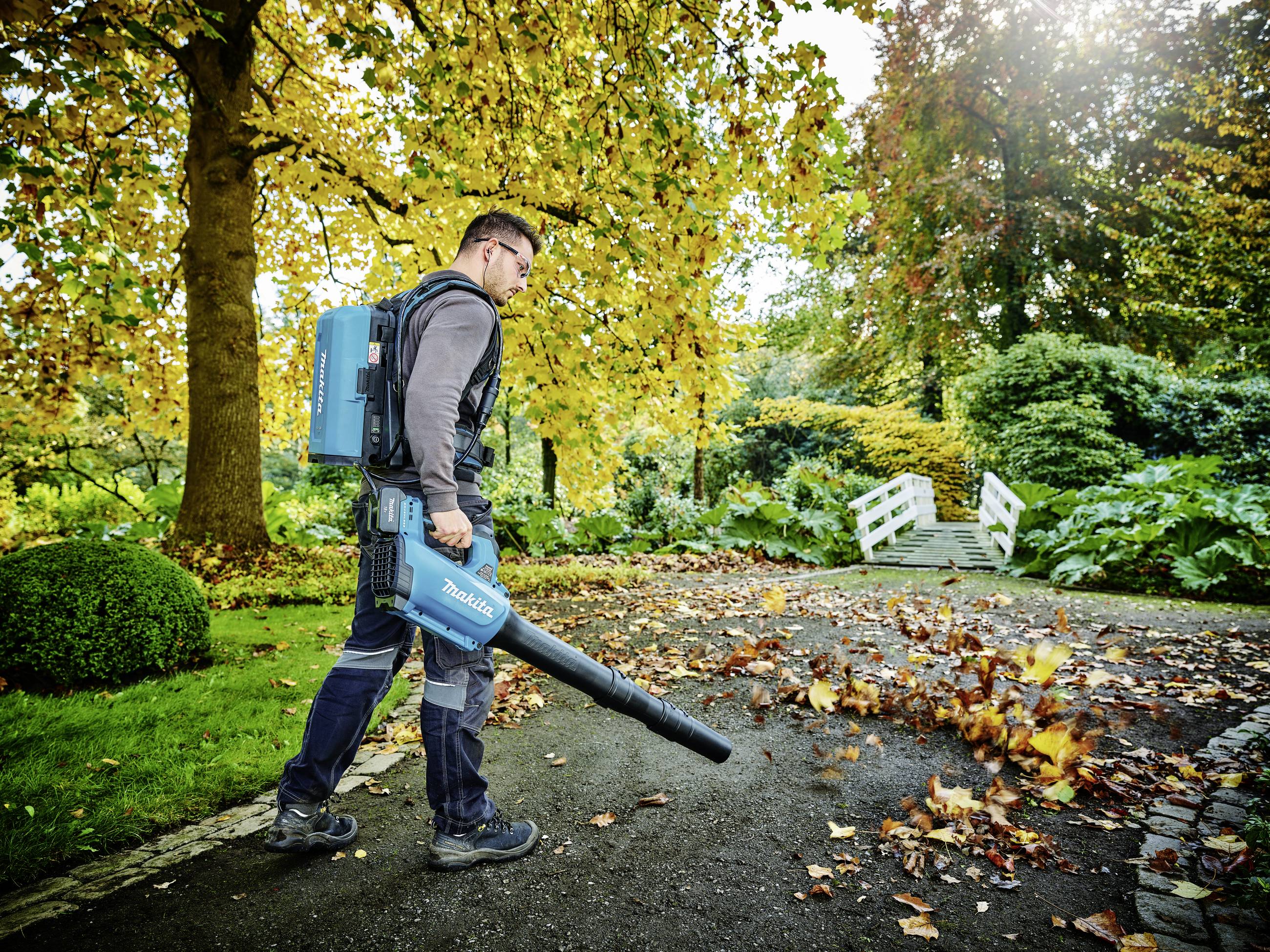 Ein Mann benutzt einen Laubbläser in einem herbstlichen Garten. Laub wird von einem Gehweg weggeblasen. Im Hintergrund sind Bäume und Sträucher.