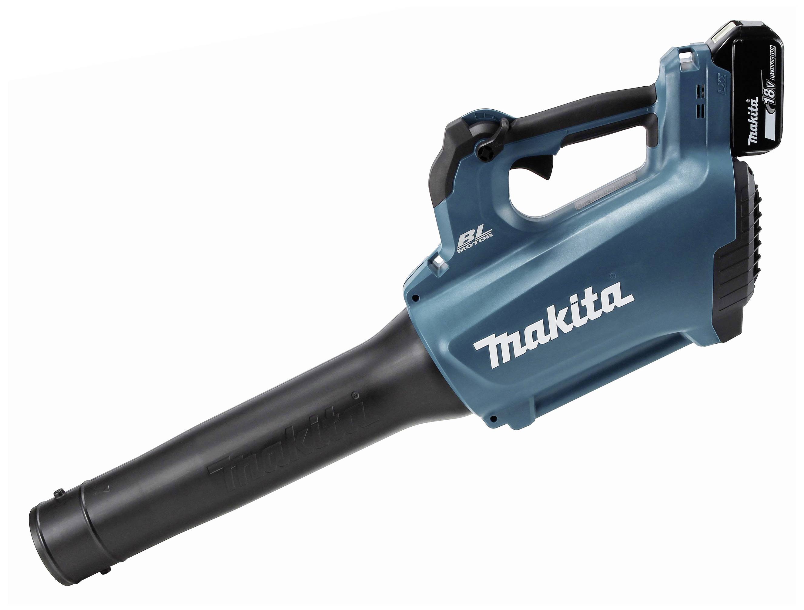 Akku-Laubbläser von Makita mit blauem Gehäuse und schwarzem Ausblasrohr, geeignet zum Entfernen von Laub im Garten.