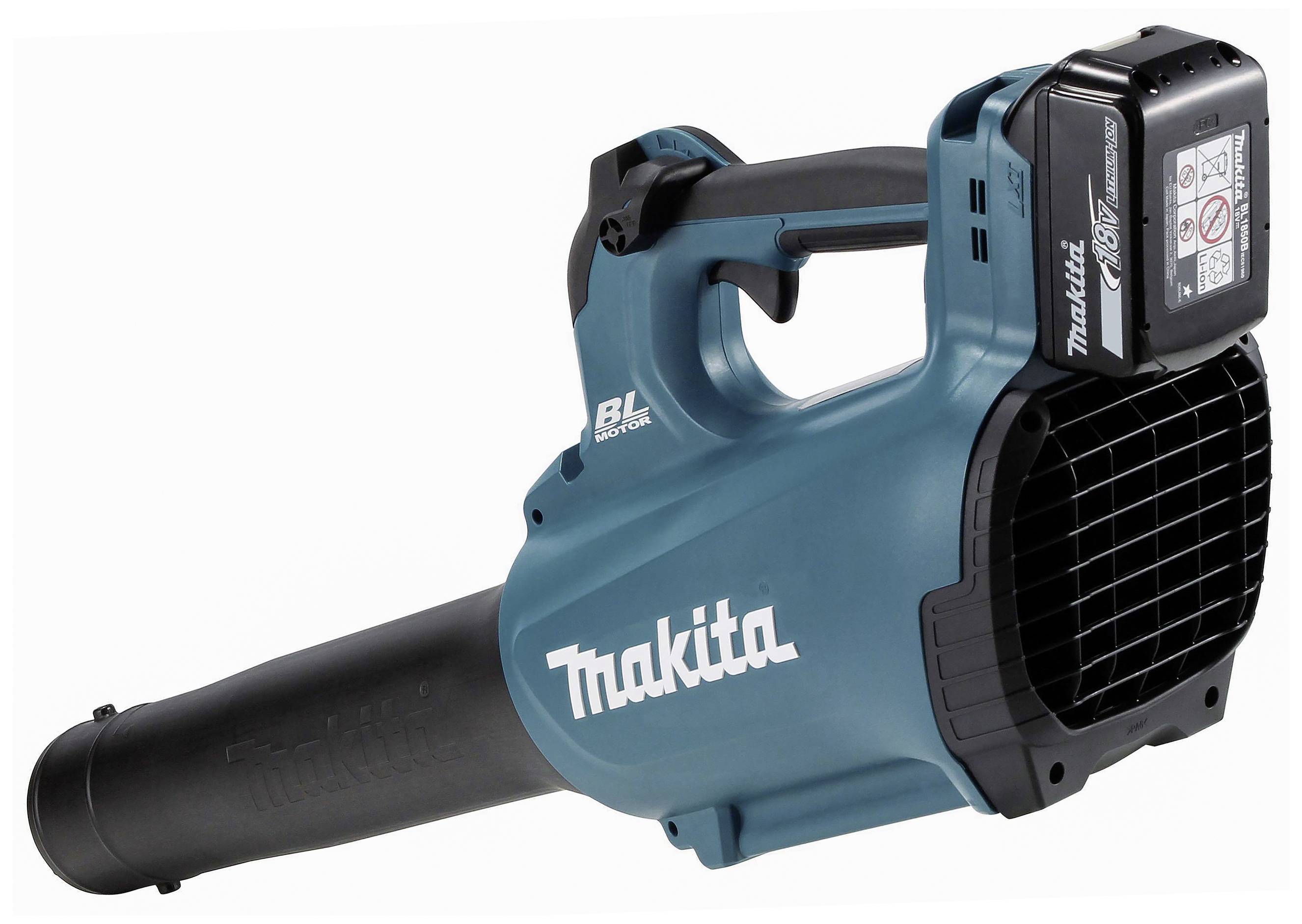 Ein blauer und schwarzer elektrischer Laubbläser mit Griff, Akku, und der Aufschrift 'Makita'.