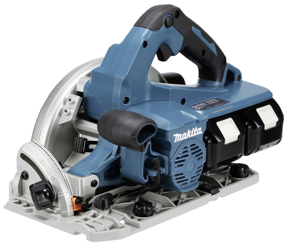 Akku-Handkreissäge in Blau mit schwarzem Griff und zwei Batteriefächern. Sie ist auf einer grauen Basis montiert und hat Skalenanzeigen an der Seite.