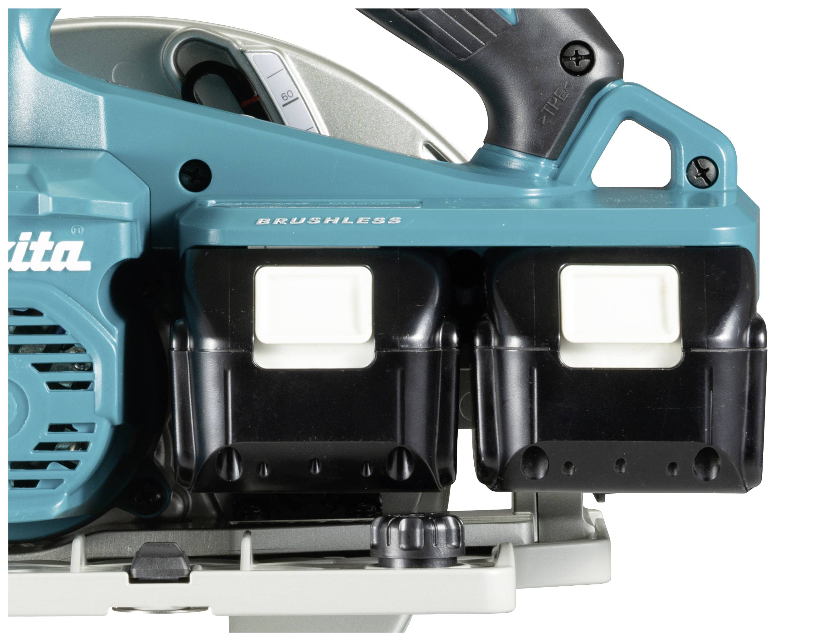 Eine Makita-Sägemaschine mit zwei schwarzen Batterien und einem blauen, bürstenlosen Motor.