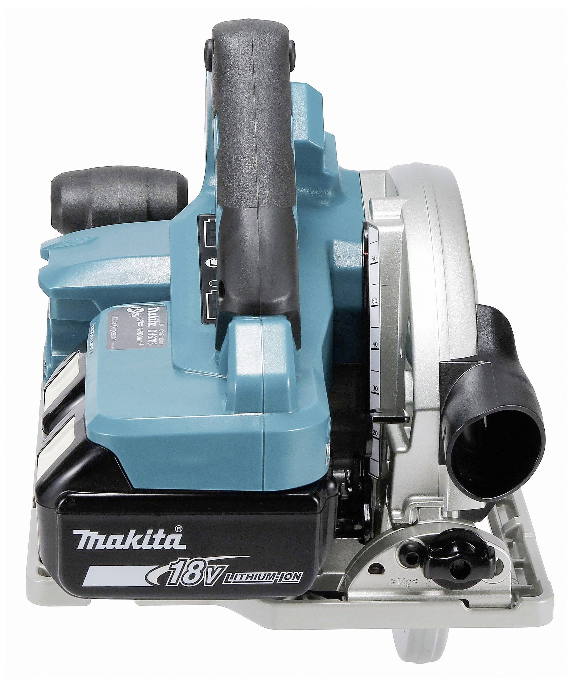 Akkubetriebene Handkreissäge in blauer Gehäuse mit schwarzem Griff. Markiert mit 'Makita 18V Lithium-Ion'. Ansicht von oben.