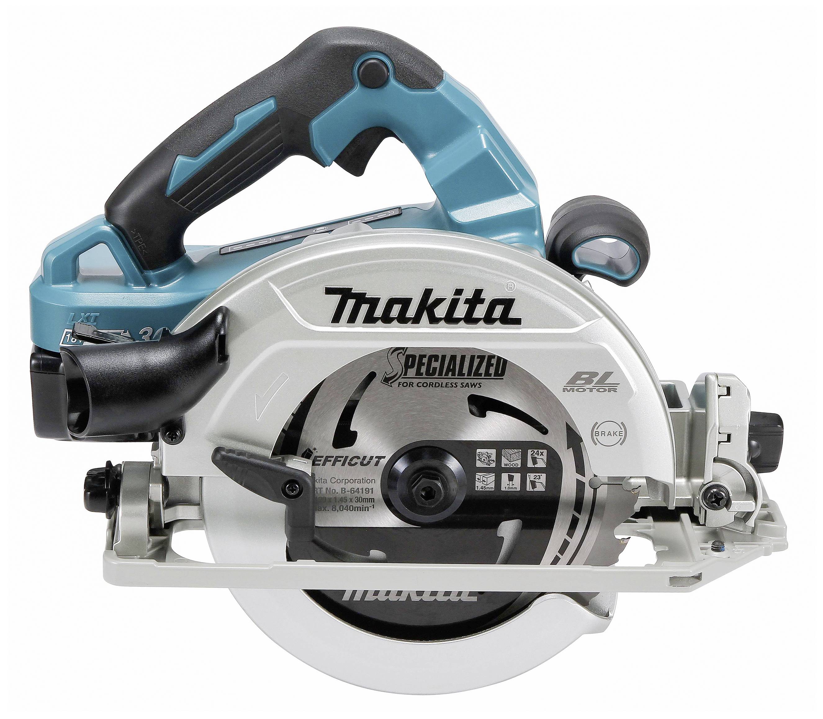 Eine blaue und silberne Handkreissäge der Marke Makita. Sie ist kabellos und für präzise Holzschnitte konzipiert.