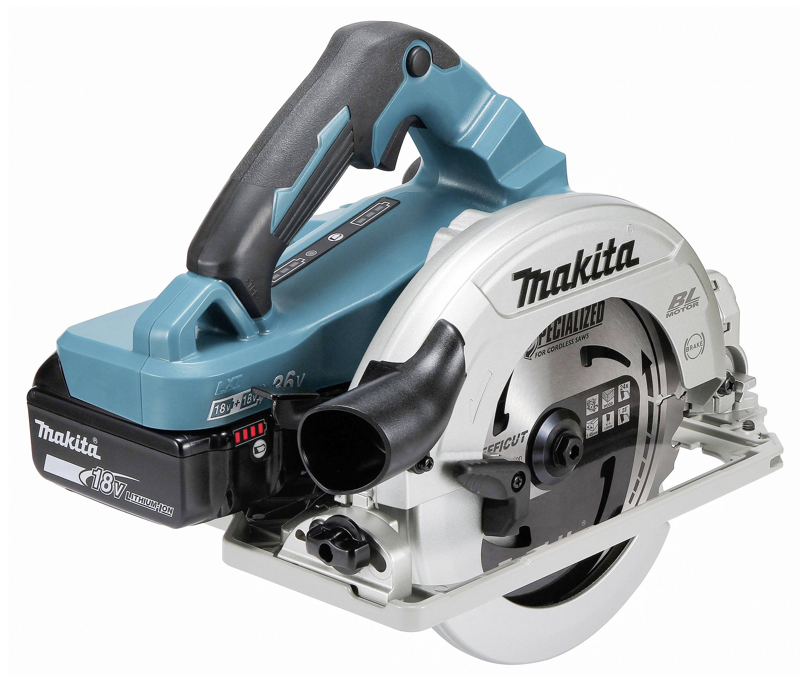 Akkubetriebene Kreissäge von Makita mit ergonomischem Griff und scharfer Klinge, geeignet für präzise Schneidearbeiten.