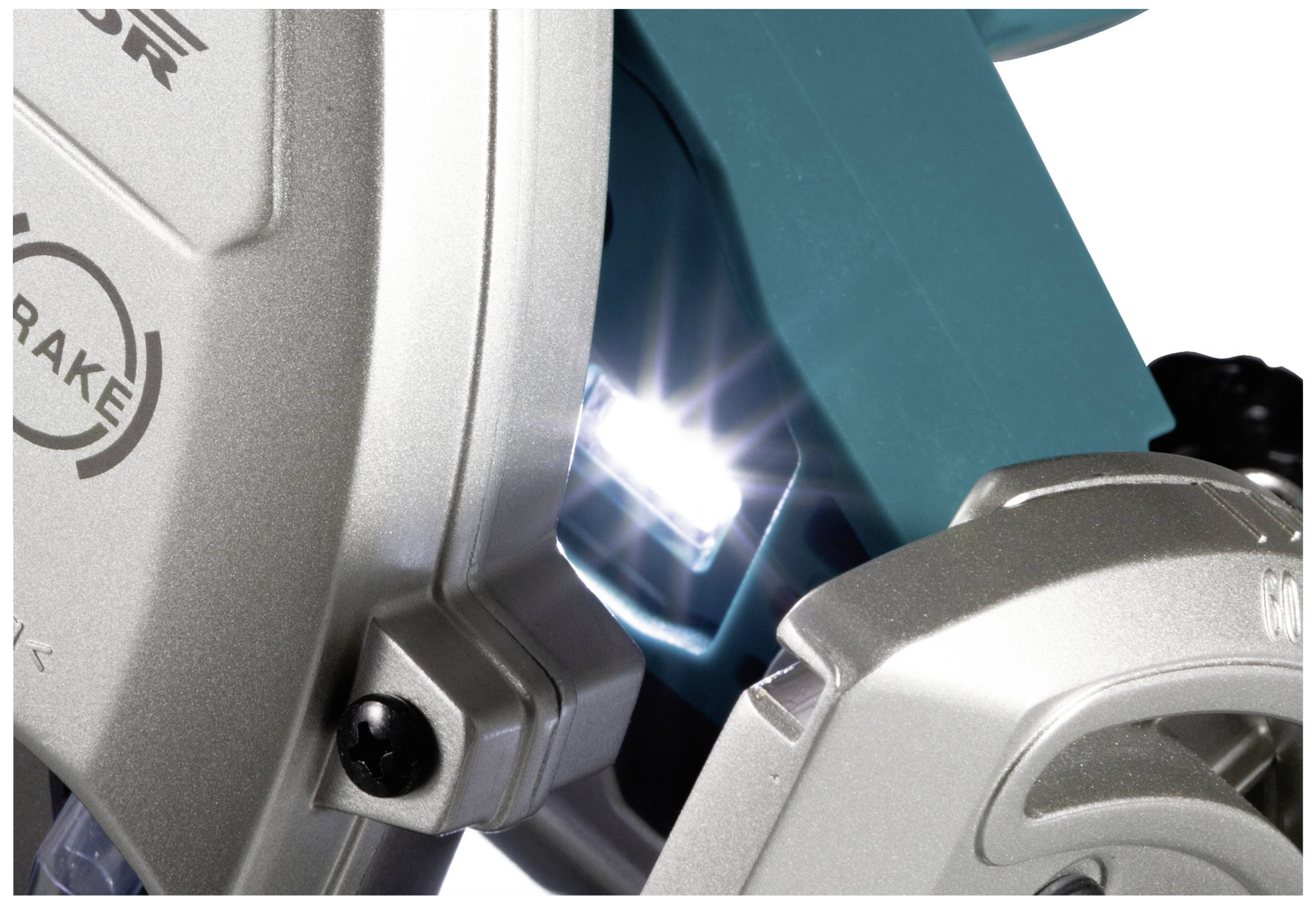 Nahaufnahme eines silbernen und blauen Elektrowerkzeugs mit einer leuchtenden LED, die den Arbeitsbereich beleuchtet.