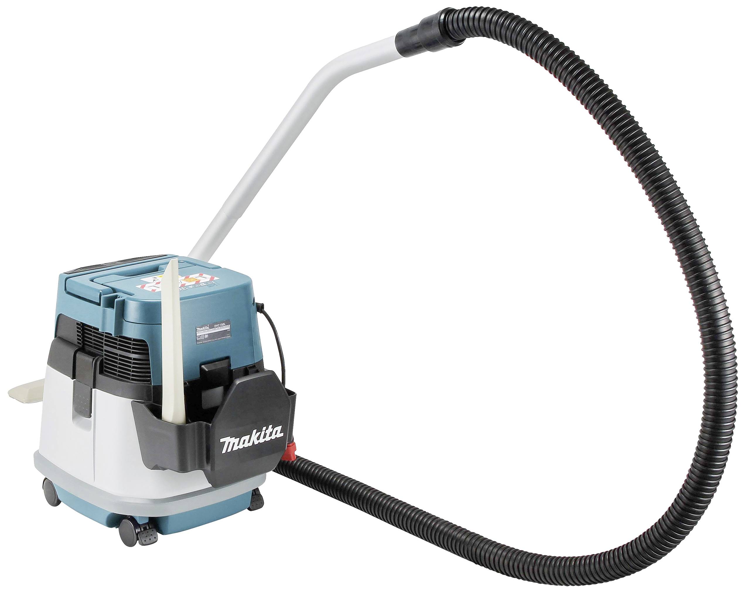 Makita Industriesauger mit langem Schlauch, blau-weiß, auf Rollen, geeignet für Baustellen und Werkstätten.