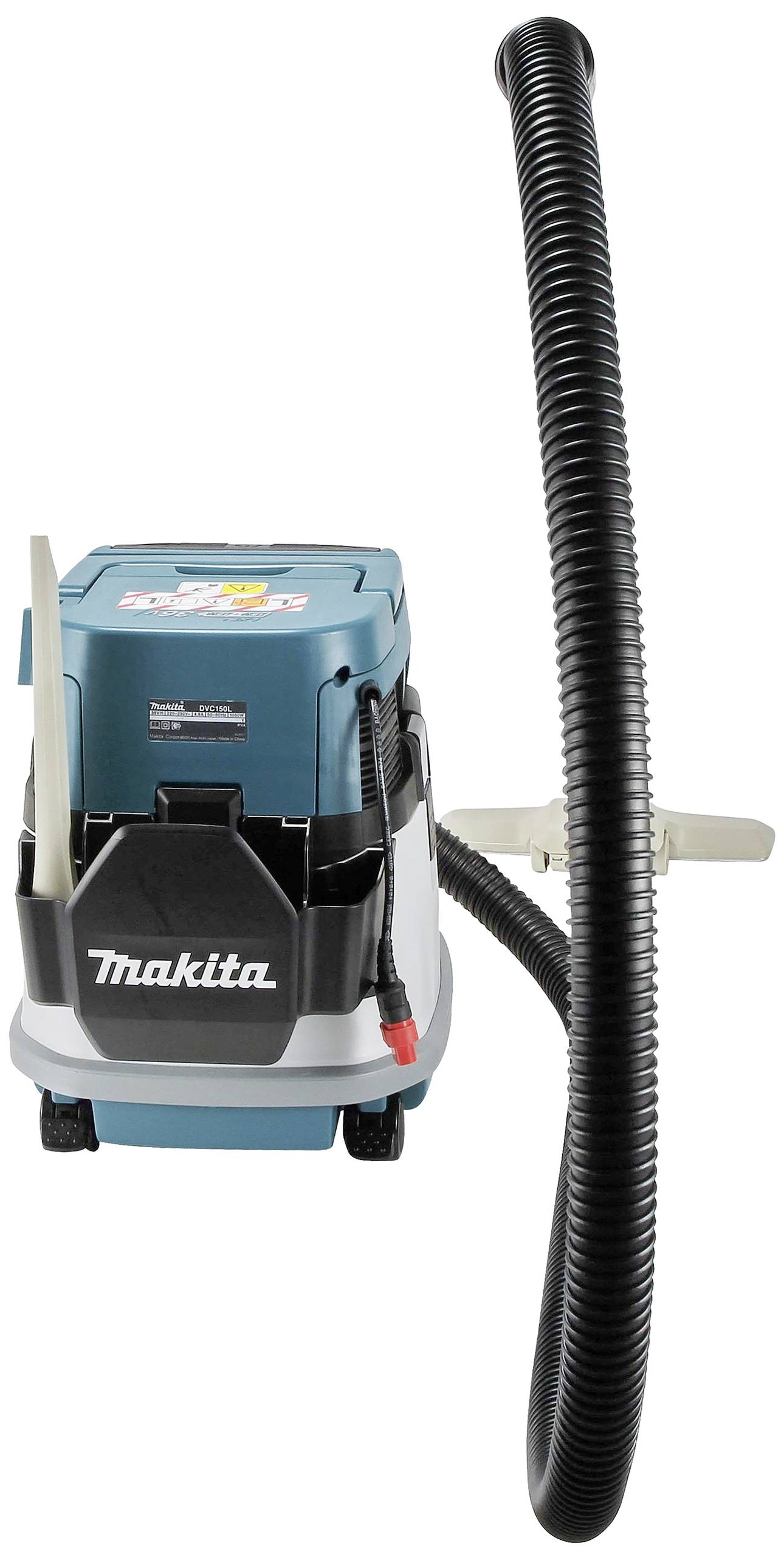 Ein industrieller Staubsauger von Makita mit robustem Design, geeignet für Baustellen oder Werkstätten. Vorne ist der Schlauch gut sichtbar.