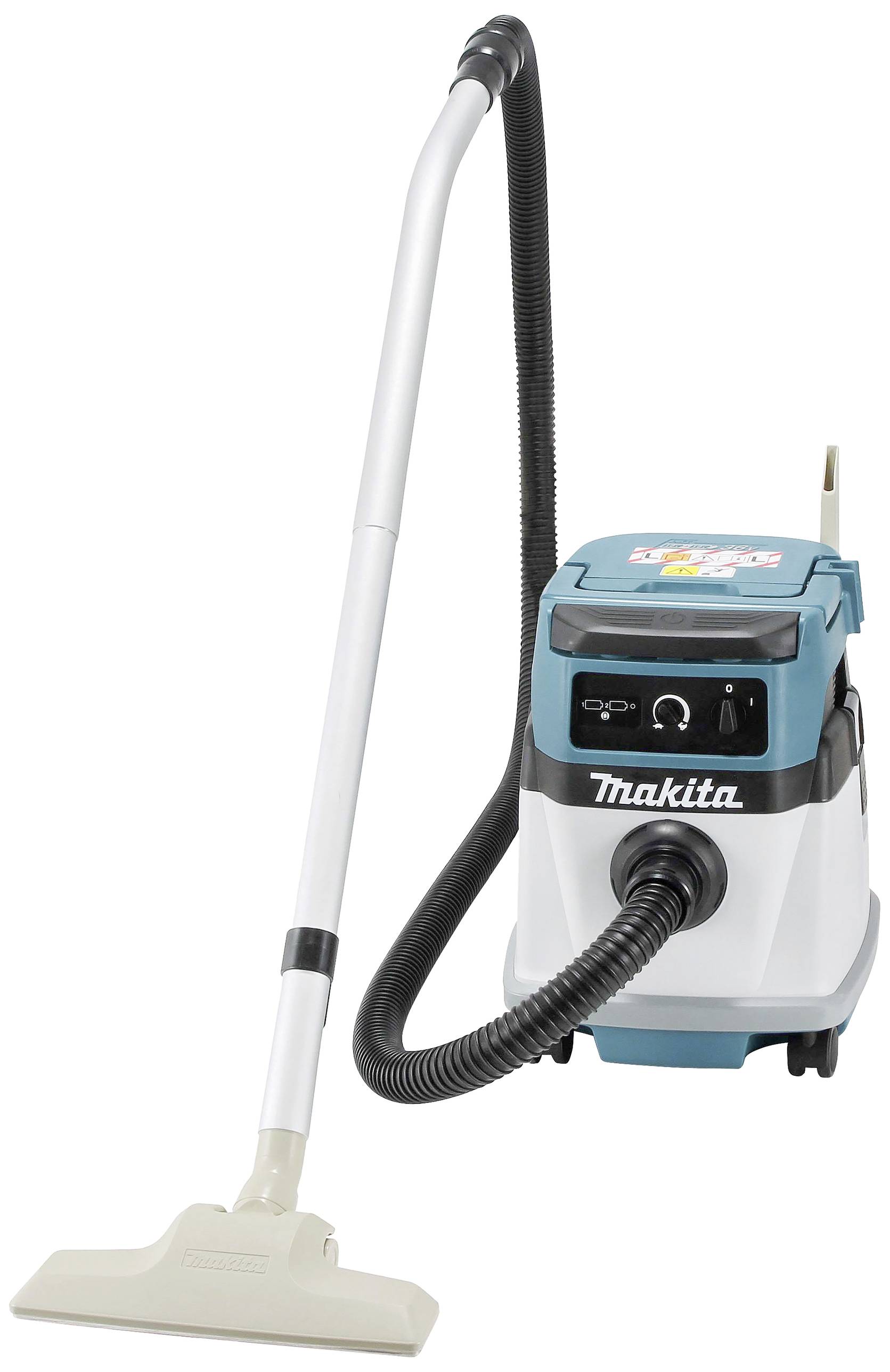 Industriesauger von Makita mit blauem Gehäuse, schwarzem Schlauch und langem, weißem Saugrohr.