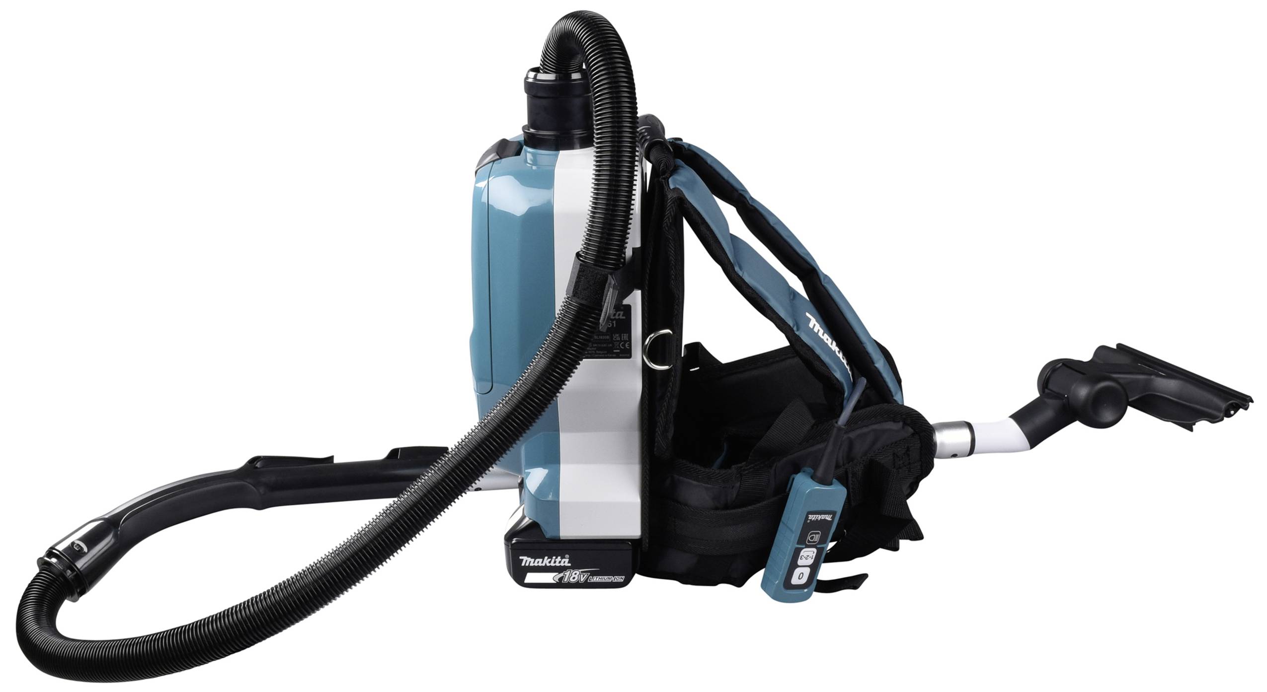 Rucksack-Staubsauger mit Saugrohr und verstellbaren Riemen. Ideal für flexibles Reinigen. Markenname sichtbar auf der Seite.