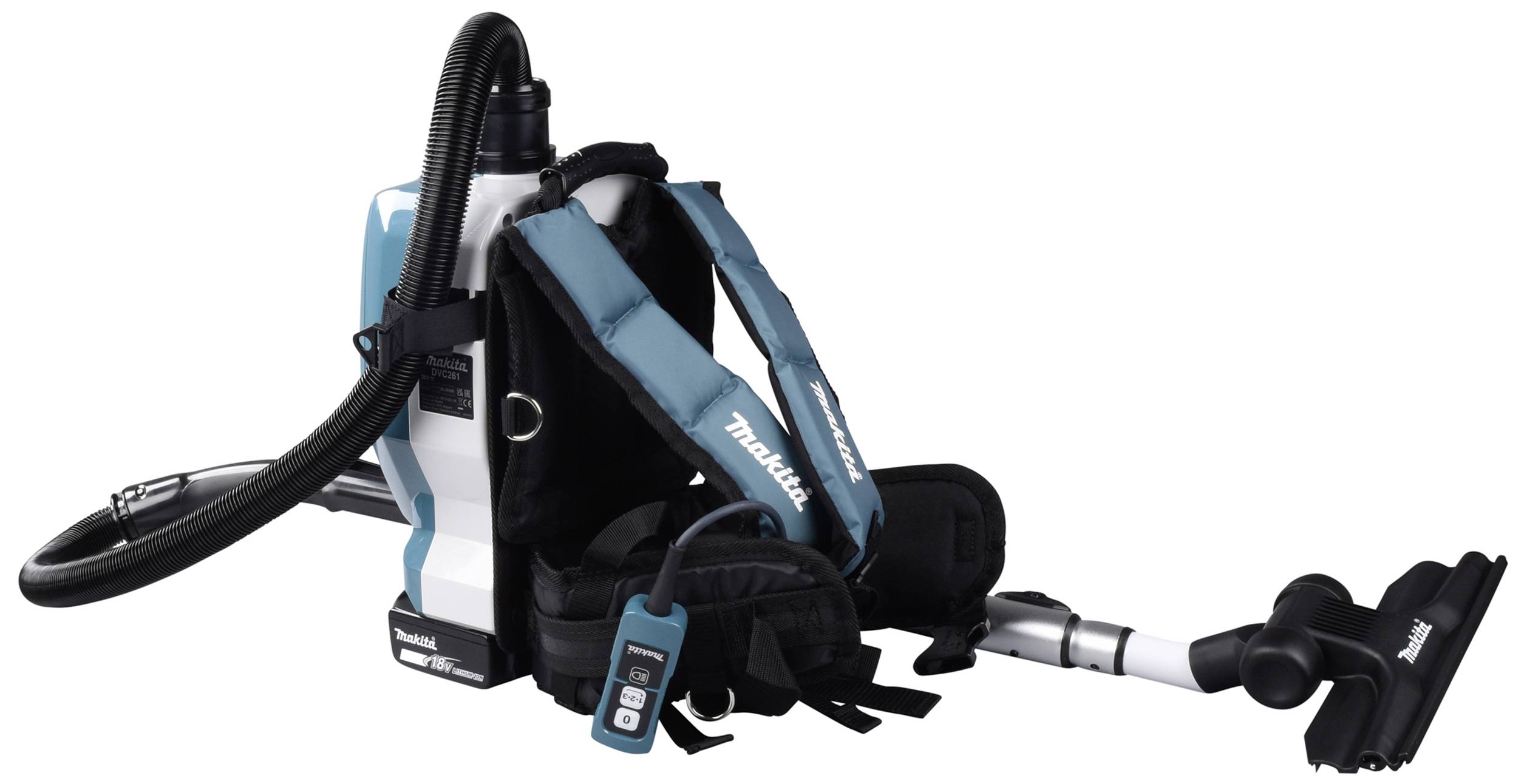 Ein kabelloser Rucksackstaubsauger mit blauen Gurten und einem Saugrohr, geeignet für arbeitsintensive Reinigungsaufgaben.