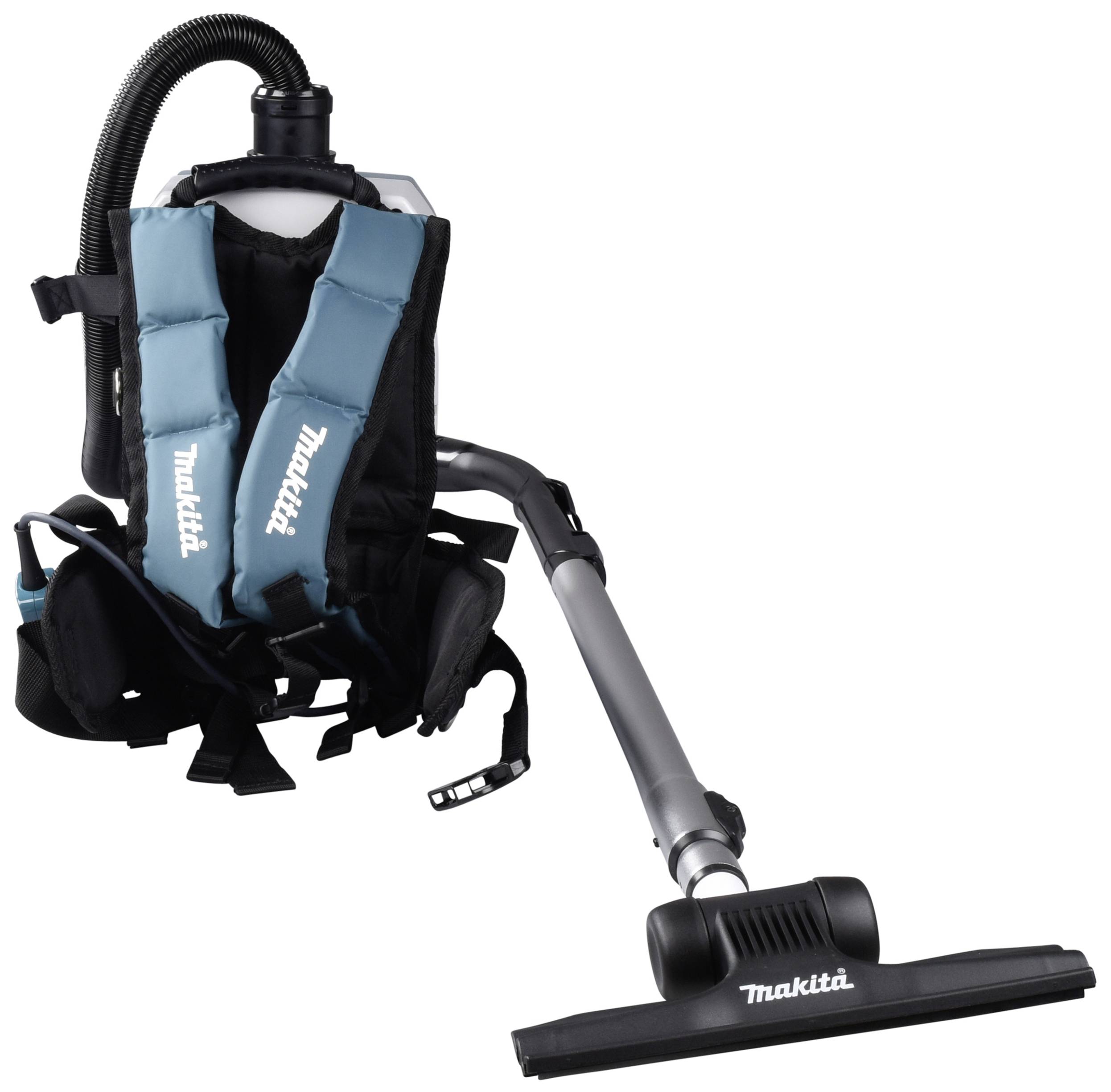 Ein Rucksack-Staubsauger mit Schlauch und Düse, ergonomisch gestaltet für den mobilen Einsatz.