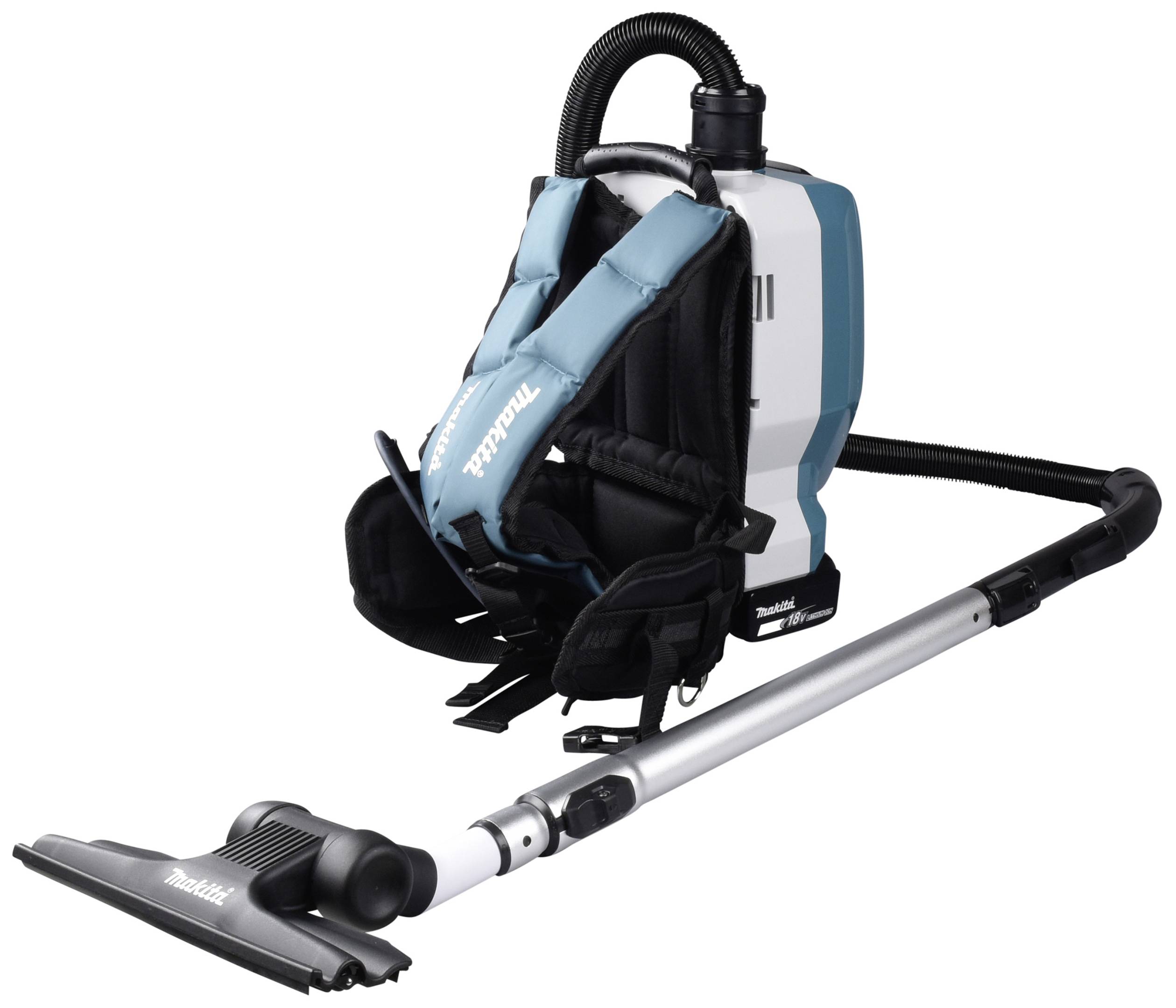 Rucksackstaubsauger mit langem Rohr und Bodendüse, ergonomischem Gurt und blau-schwarz-weißem Design, steht aufrecht.