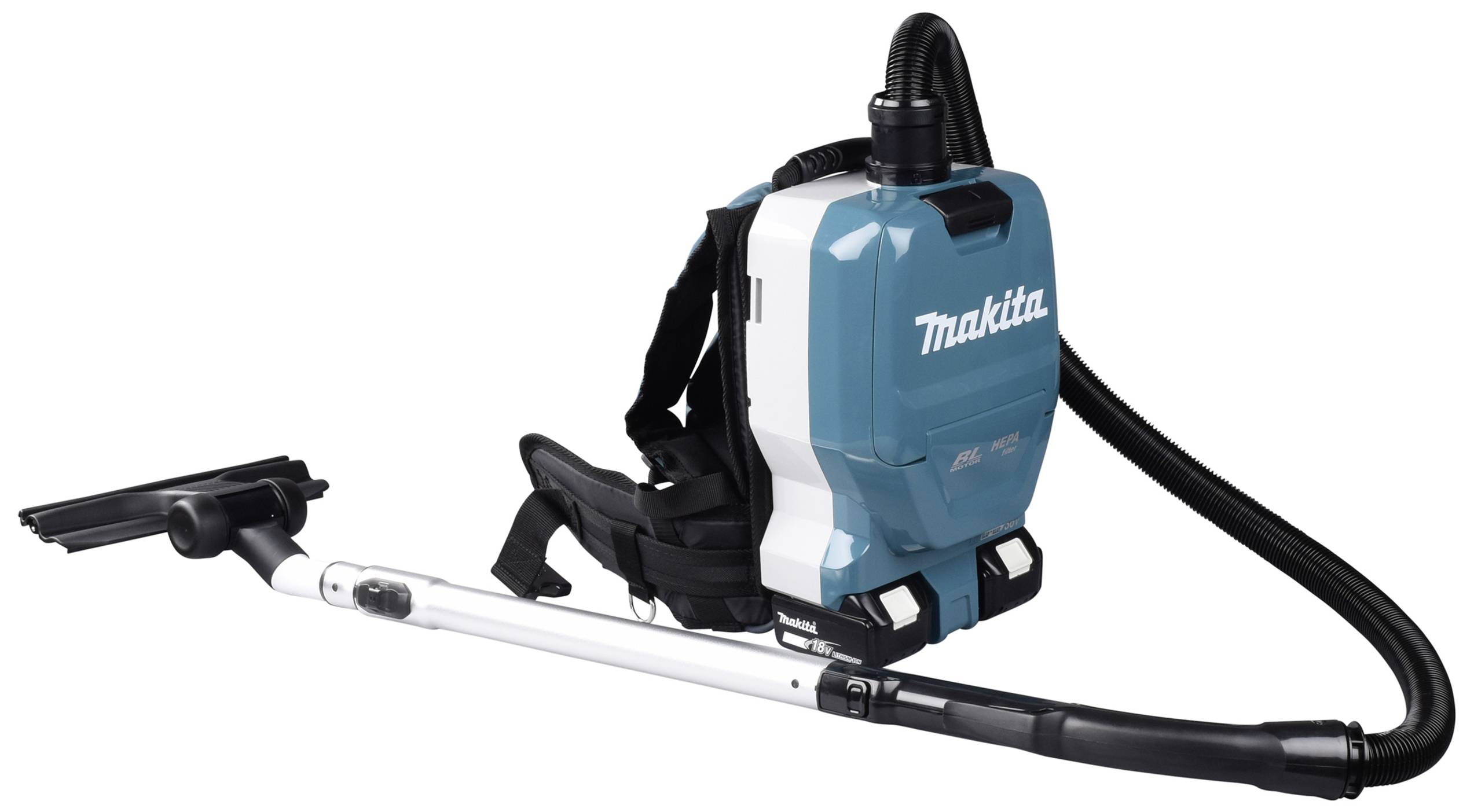 Ein tragbarer Staubsauger mit einem blauen, rucksackähnlichen Design und einem langen Saugrohr. Das Gerät hat das Logo 'Makita'.